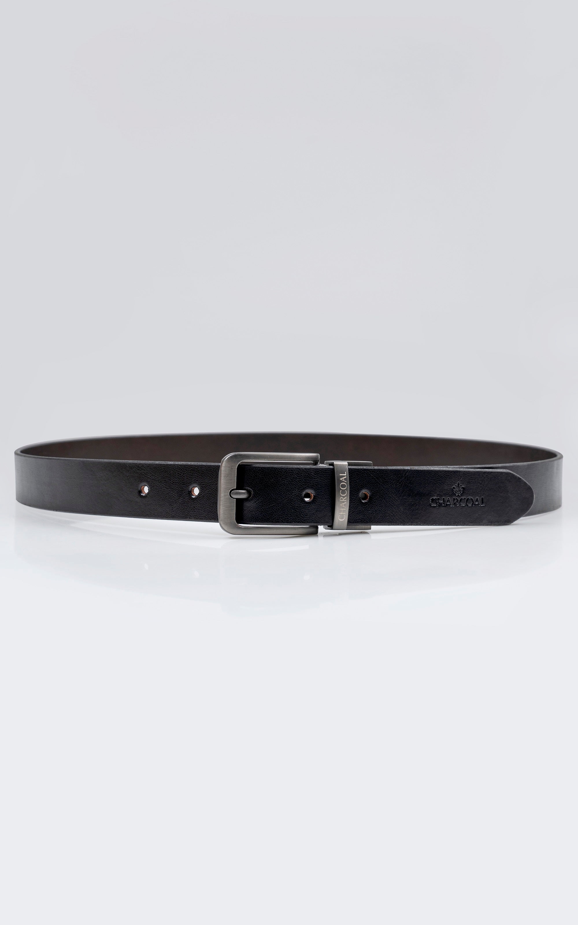 Reversible leather belt, dark strap with silver square buckle and three adjustment holes
