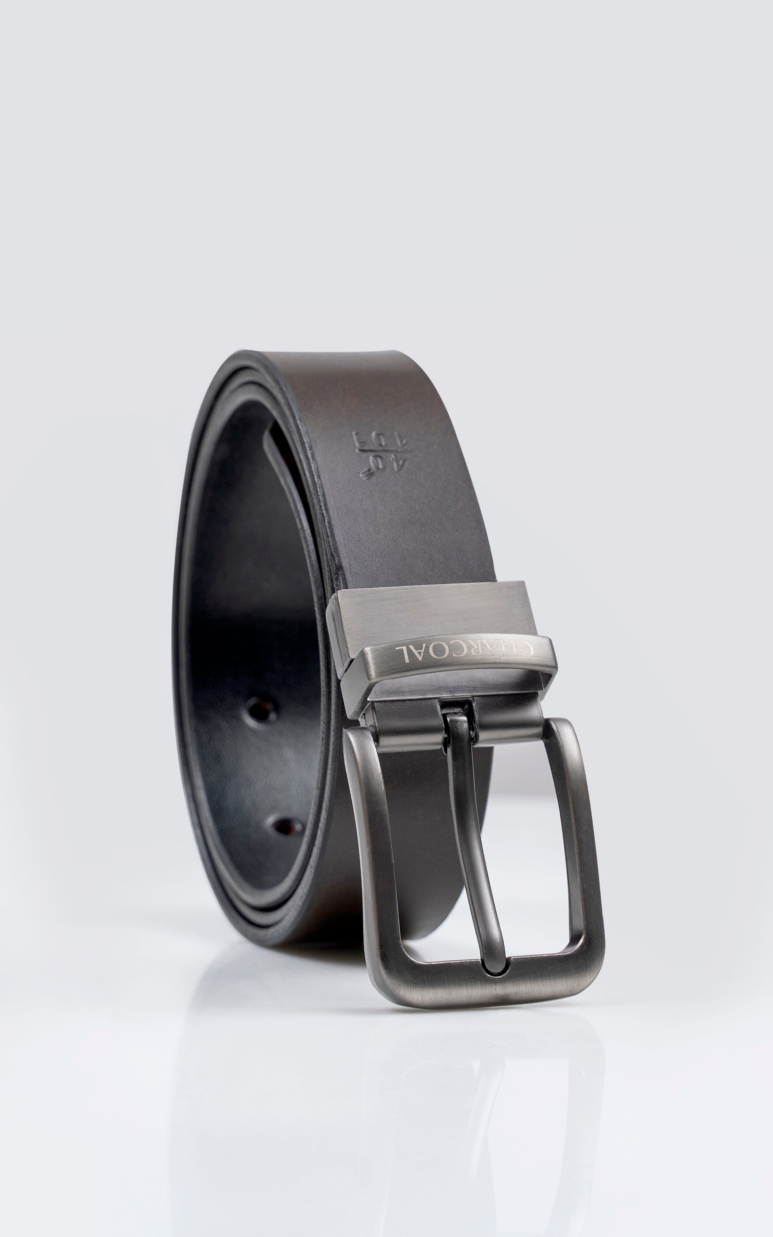 Reversible leather belt, dark strap, silver buckle, embossed logo and stitch detail
