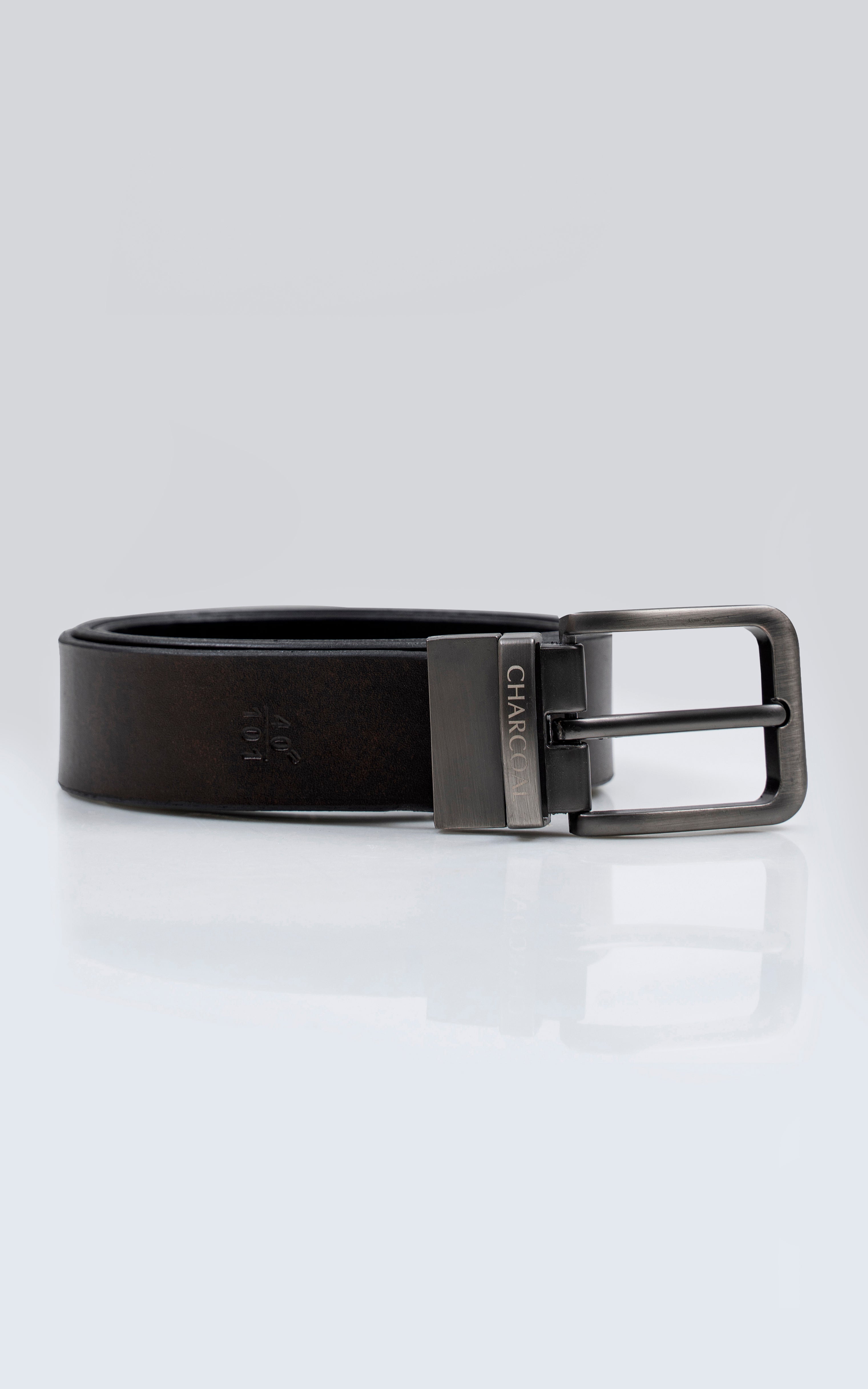 Reversible leather belt with dark side, silver rectangular buckle with prong and bar