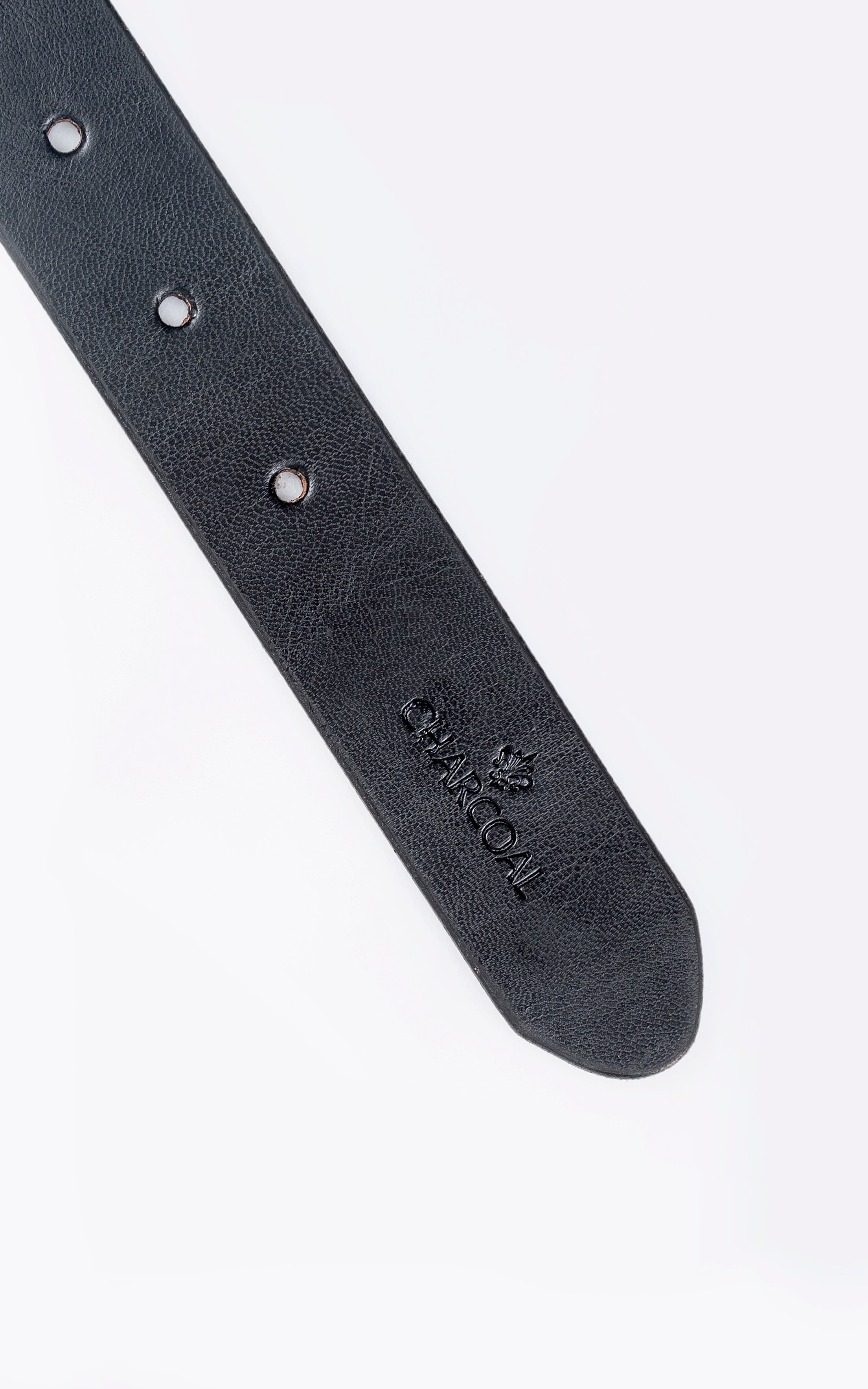 Dark leather belt strap end with embossed logo and visible adjustment holes