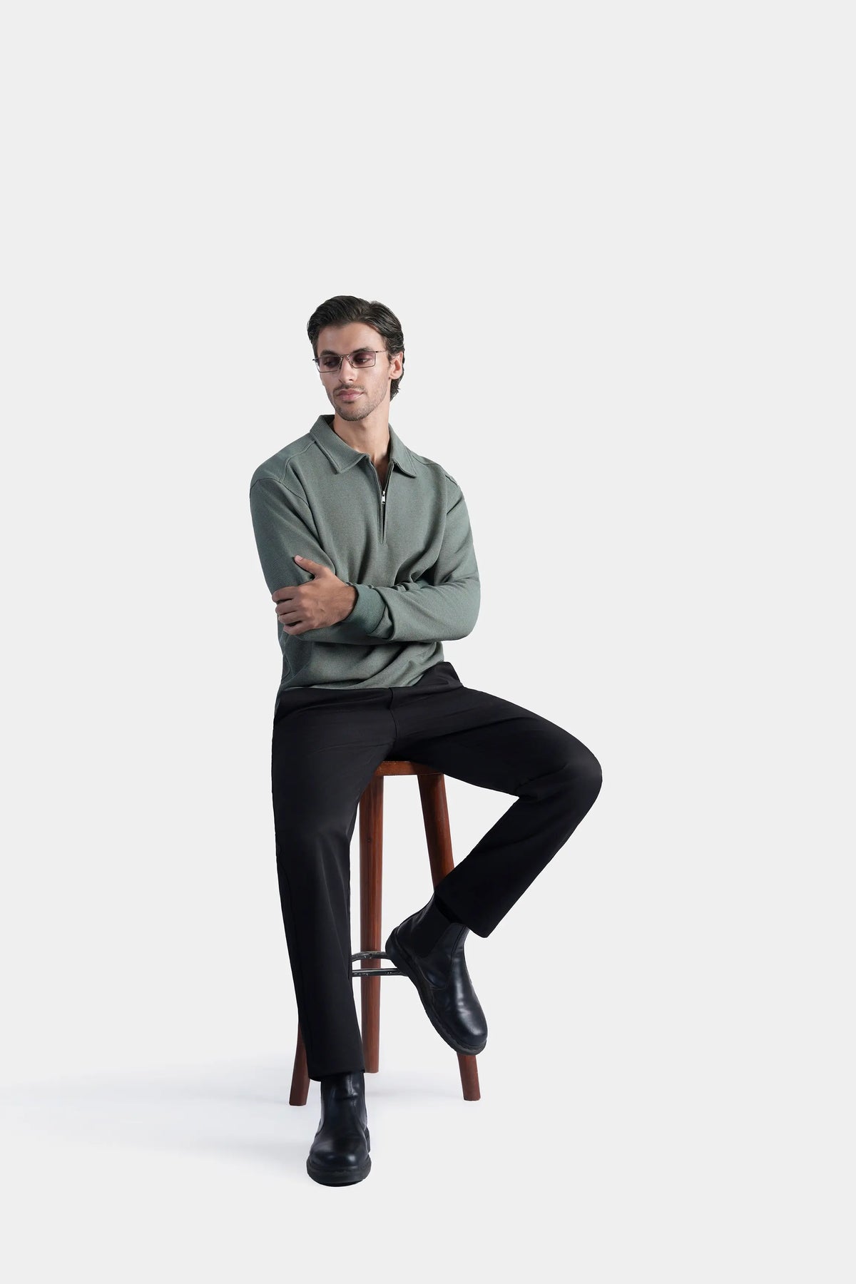 Smart Fit full-sleeve zip polo shirt, muted green half-zip front