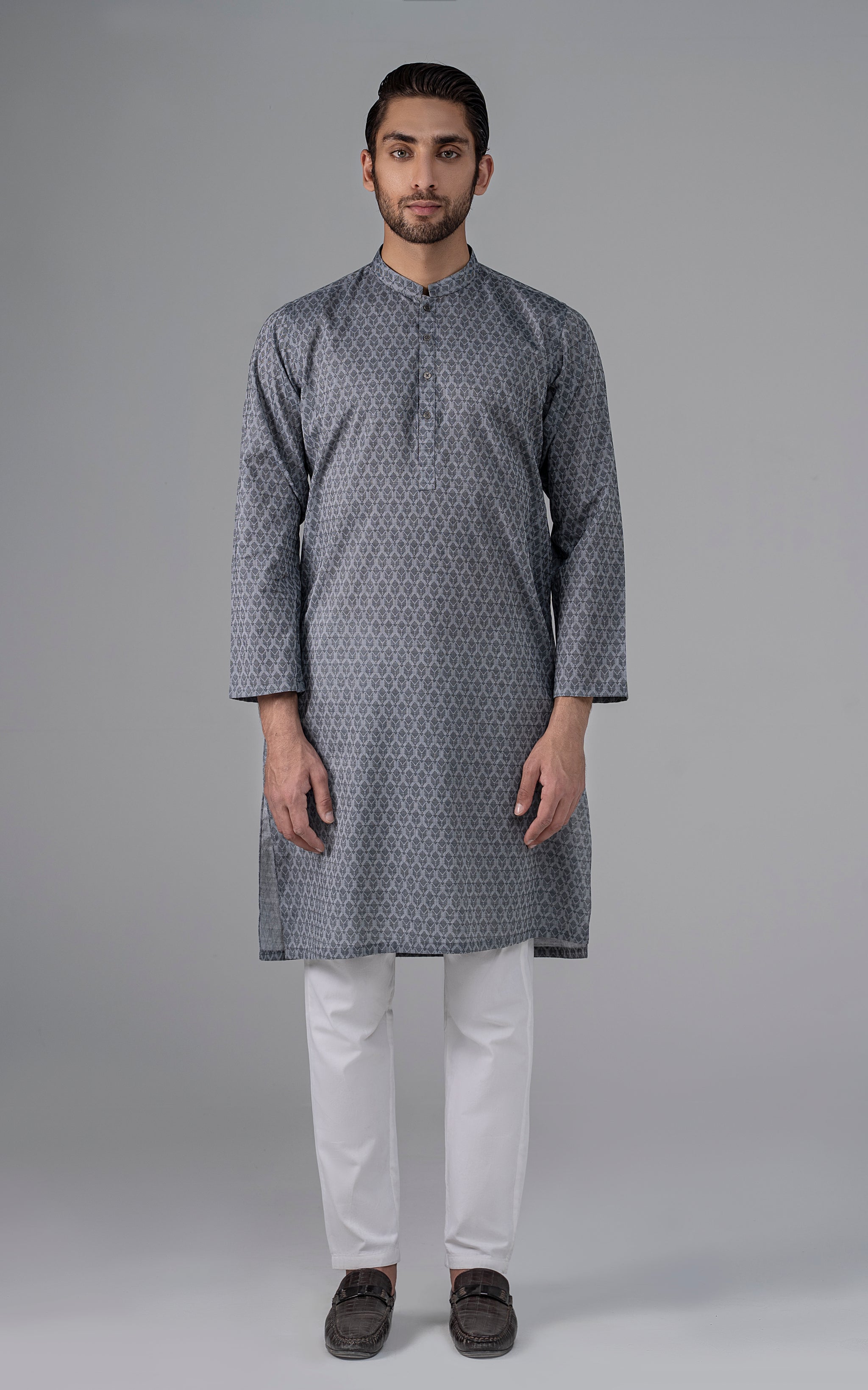 Men Brown & Grey Jacquard Kurta Only