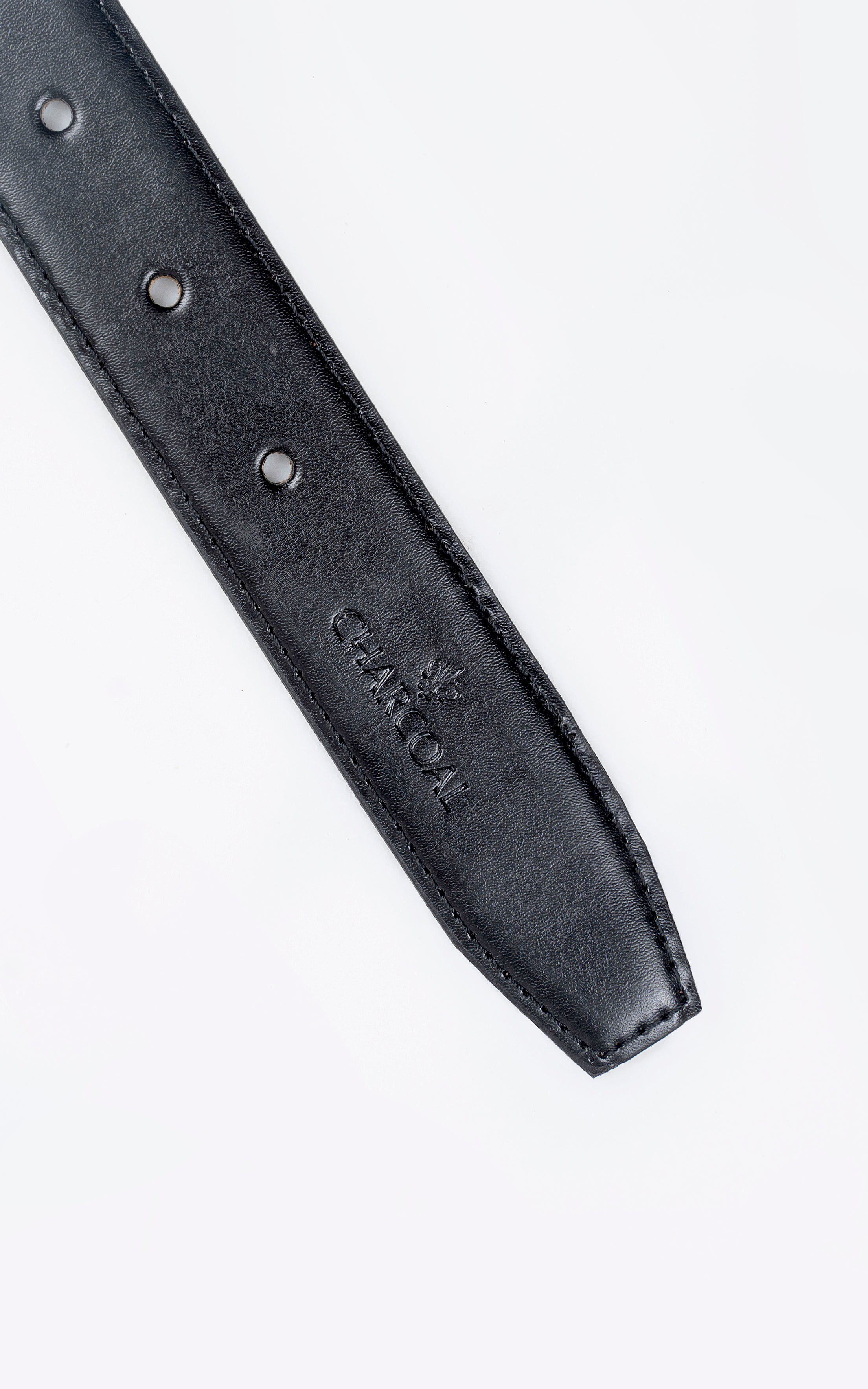 Leather belt strap detail with four punched holes and subtle embossed logo