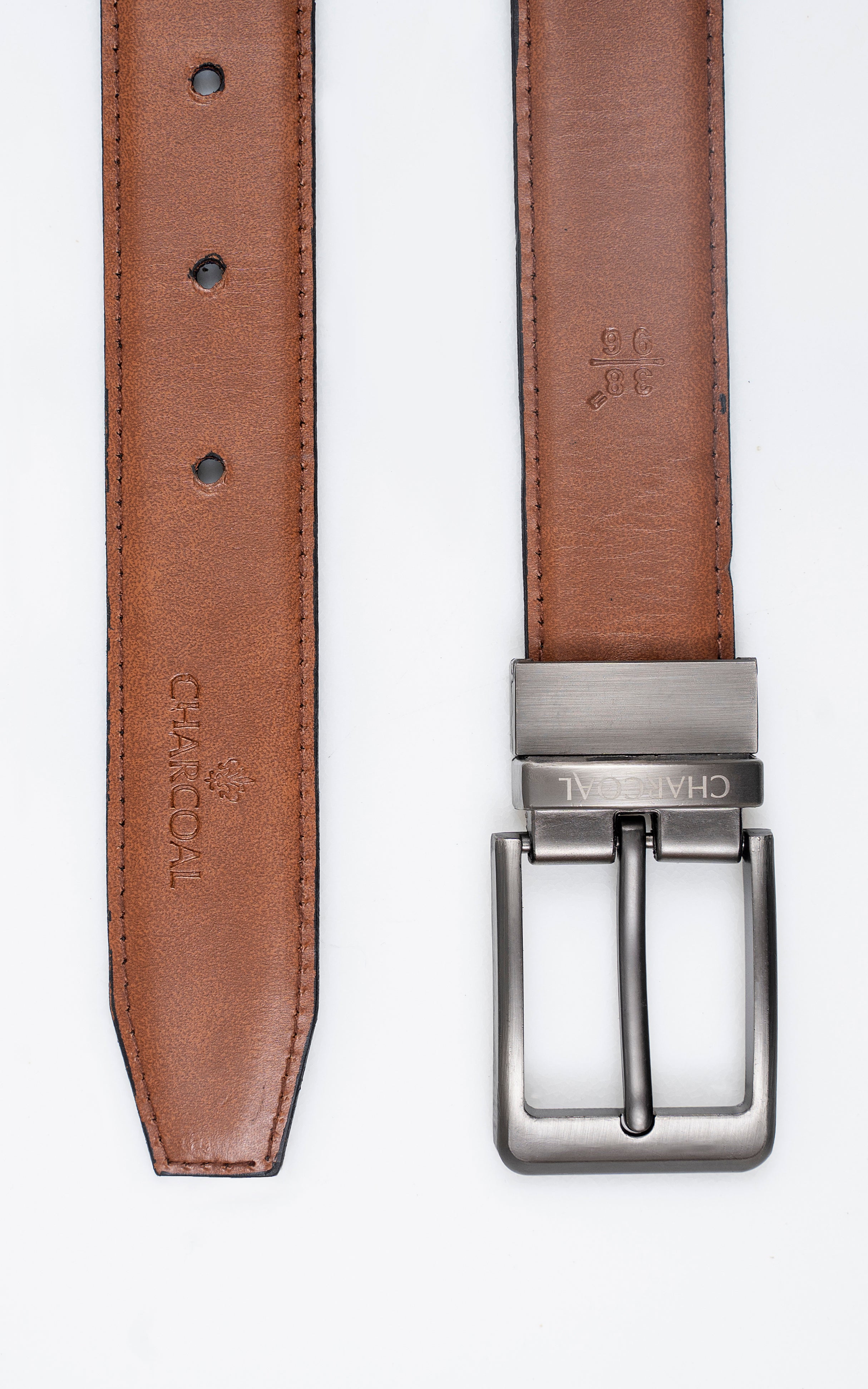 Tan-brown leather belt strap with embossed text and metal buckle.