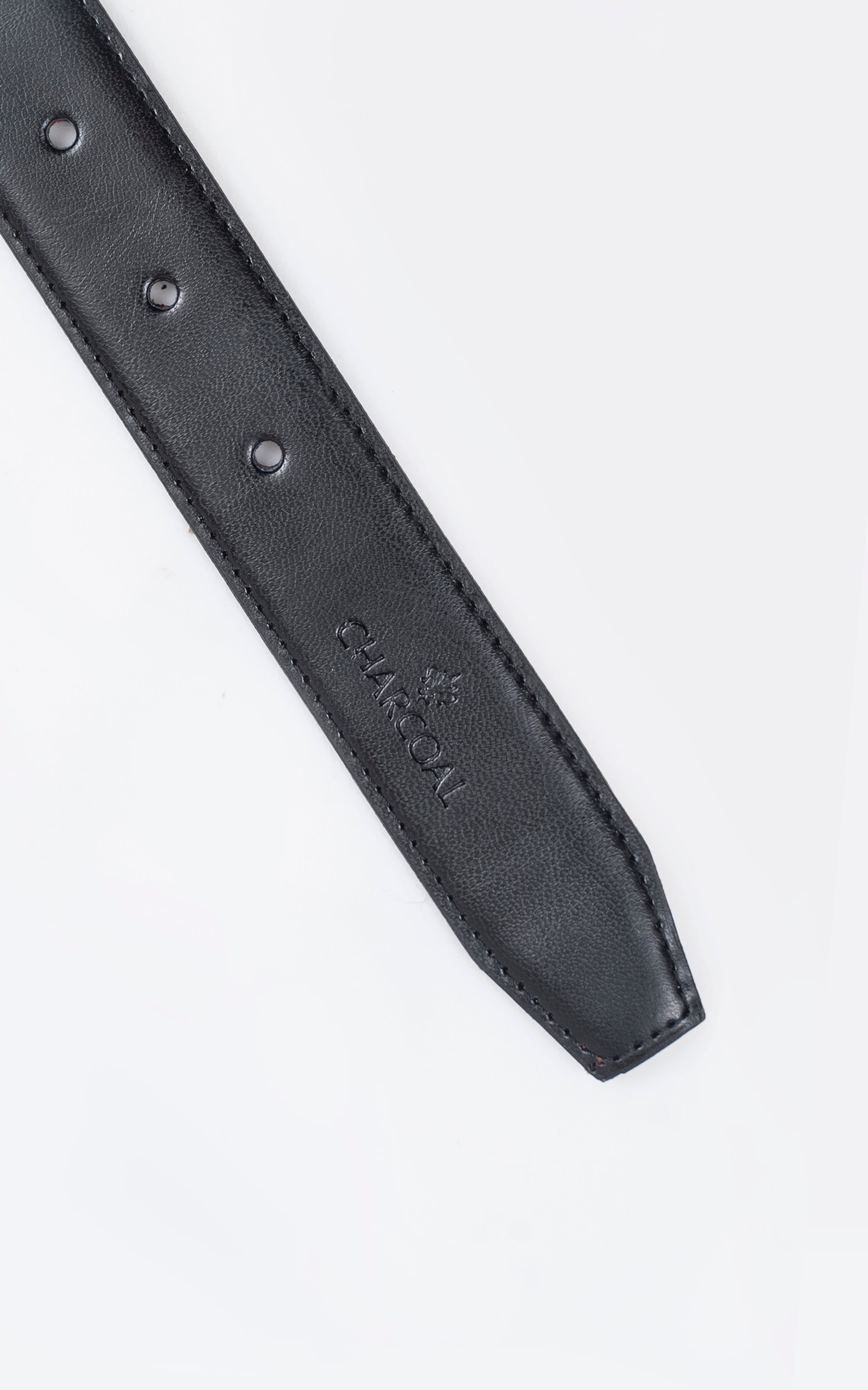Black leather belt strap detail with embossed brand and two punched holes.