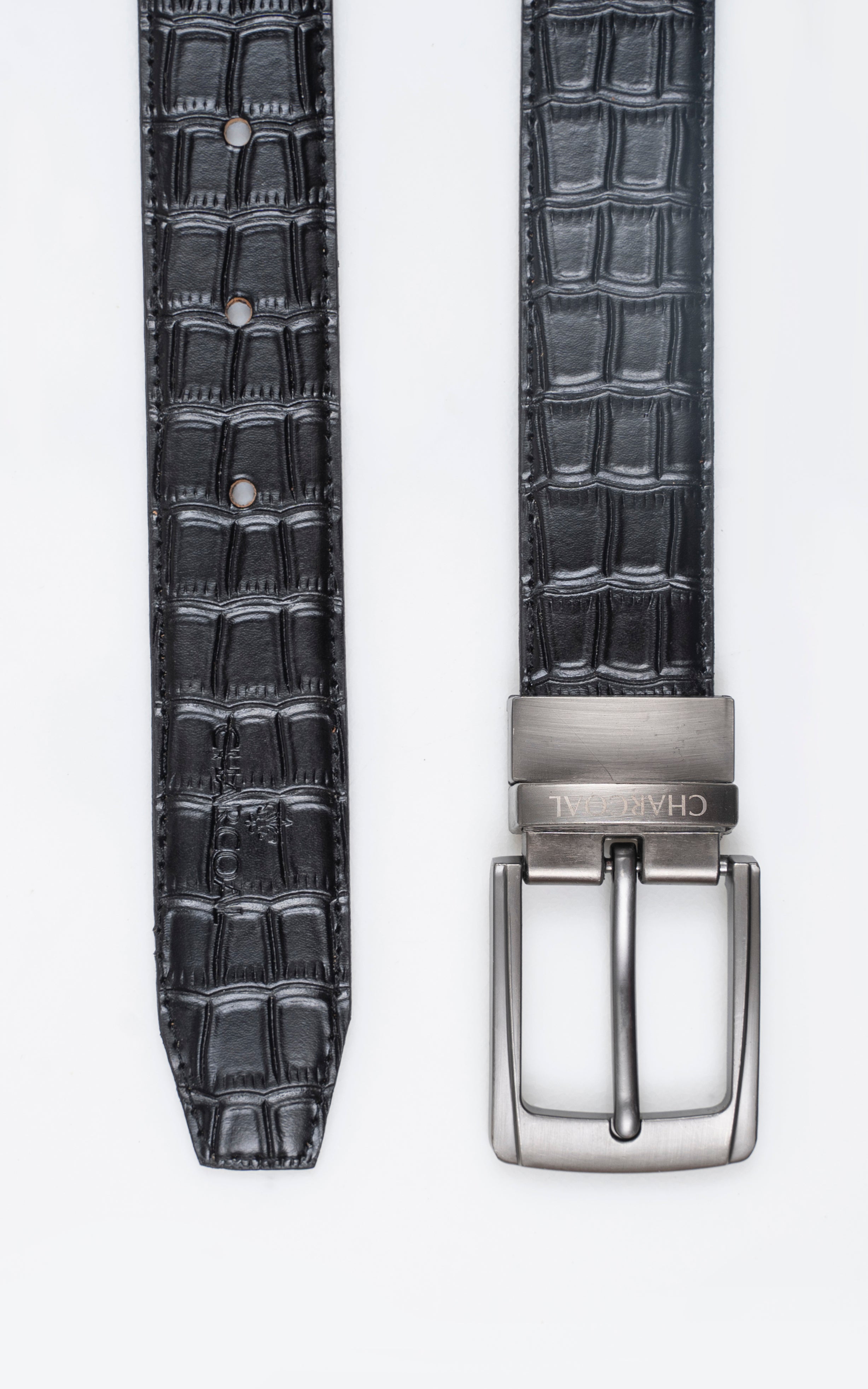 Two-sided leather belt display: dark gray strap and metal buckle hardware.