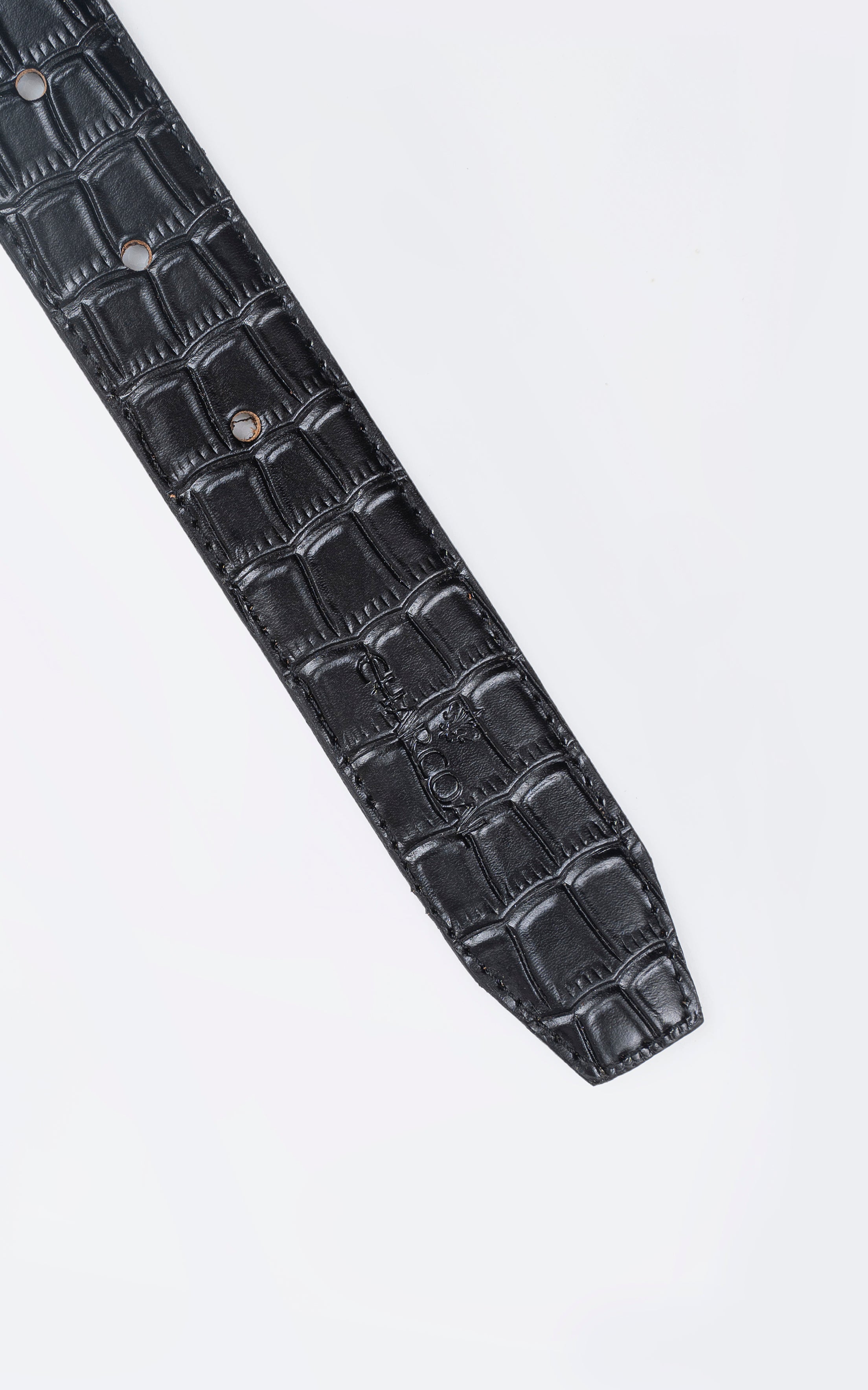 Crocodile-embossed leather belt strap in dark gray with stitched edge detail.