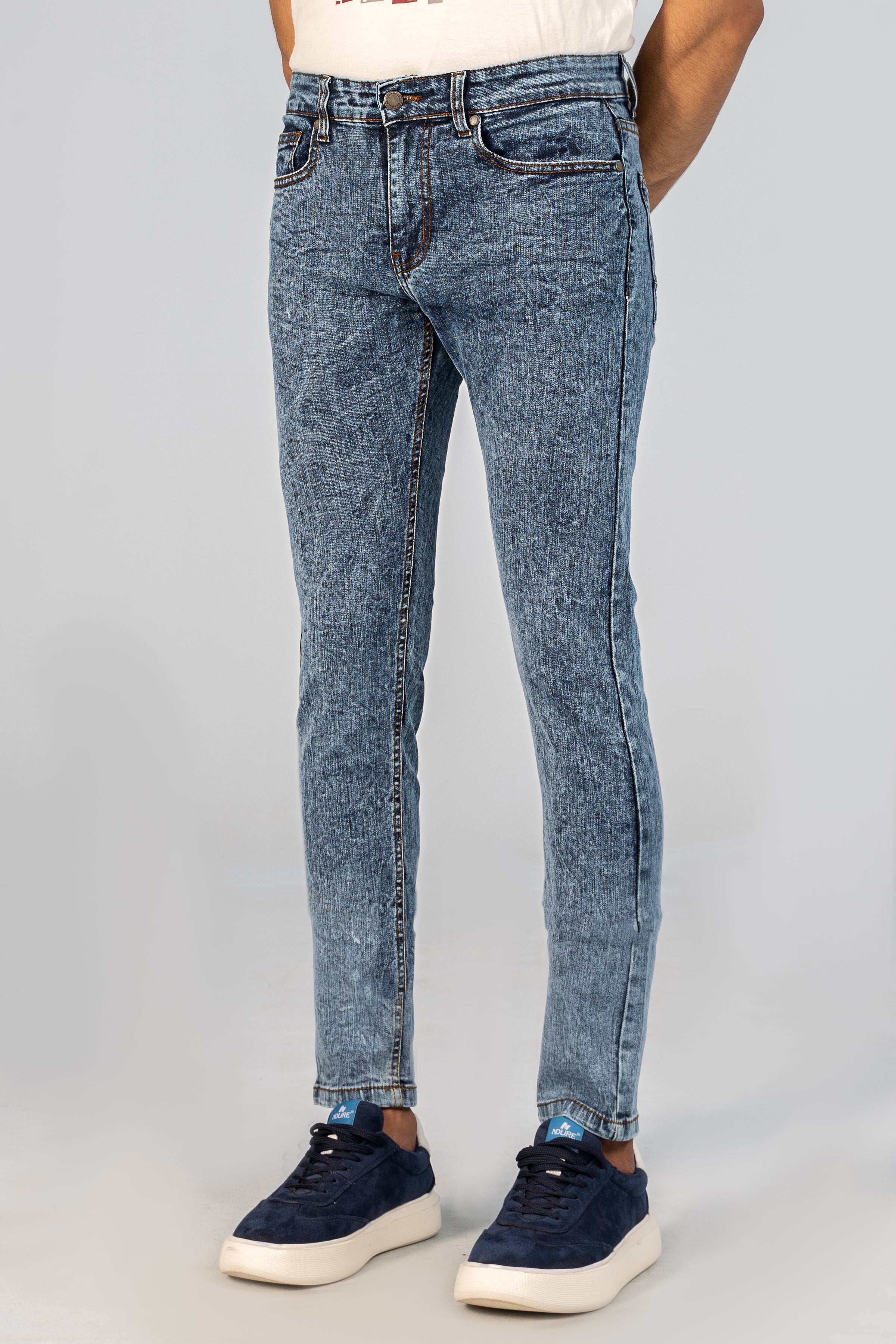 SLIM LEG DENIM JEANS MID BLUE RANDOM WASH - Charcoal Clothing