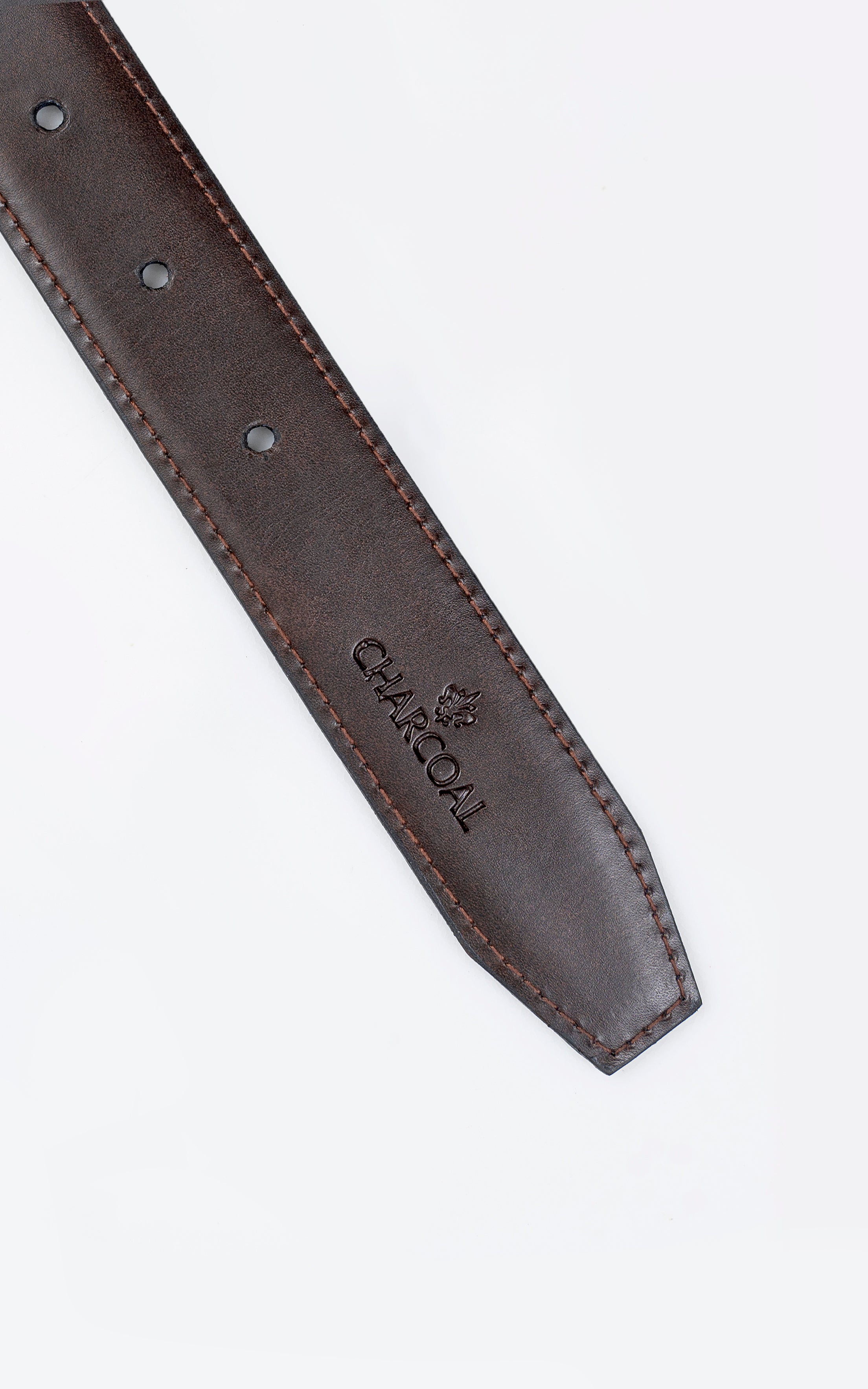 Brown leather belt end with stitched edge and embossed logo near holes