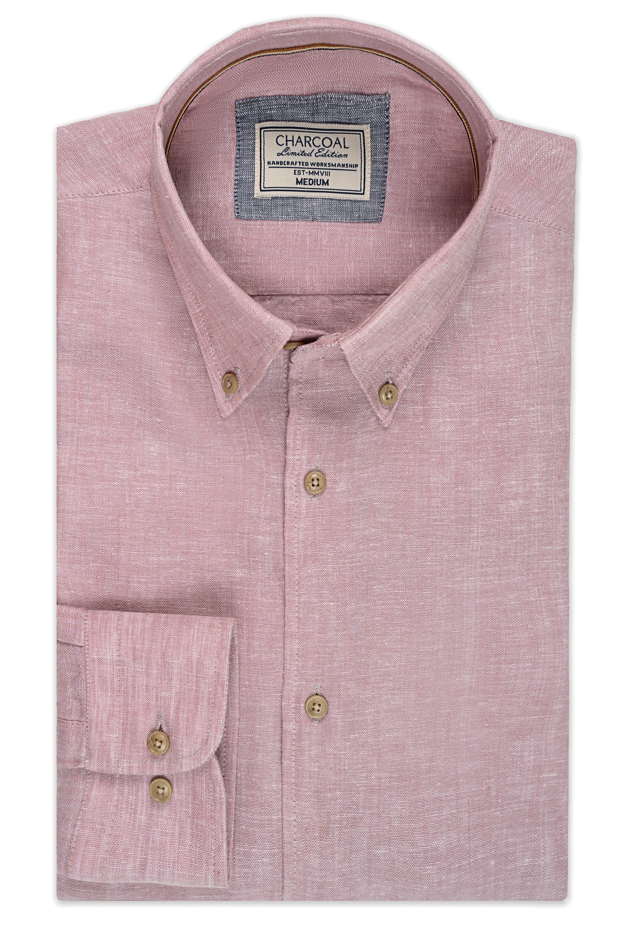 Coral pink linen shirt with button-down collar and button front