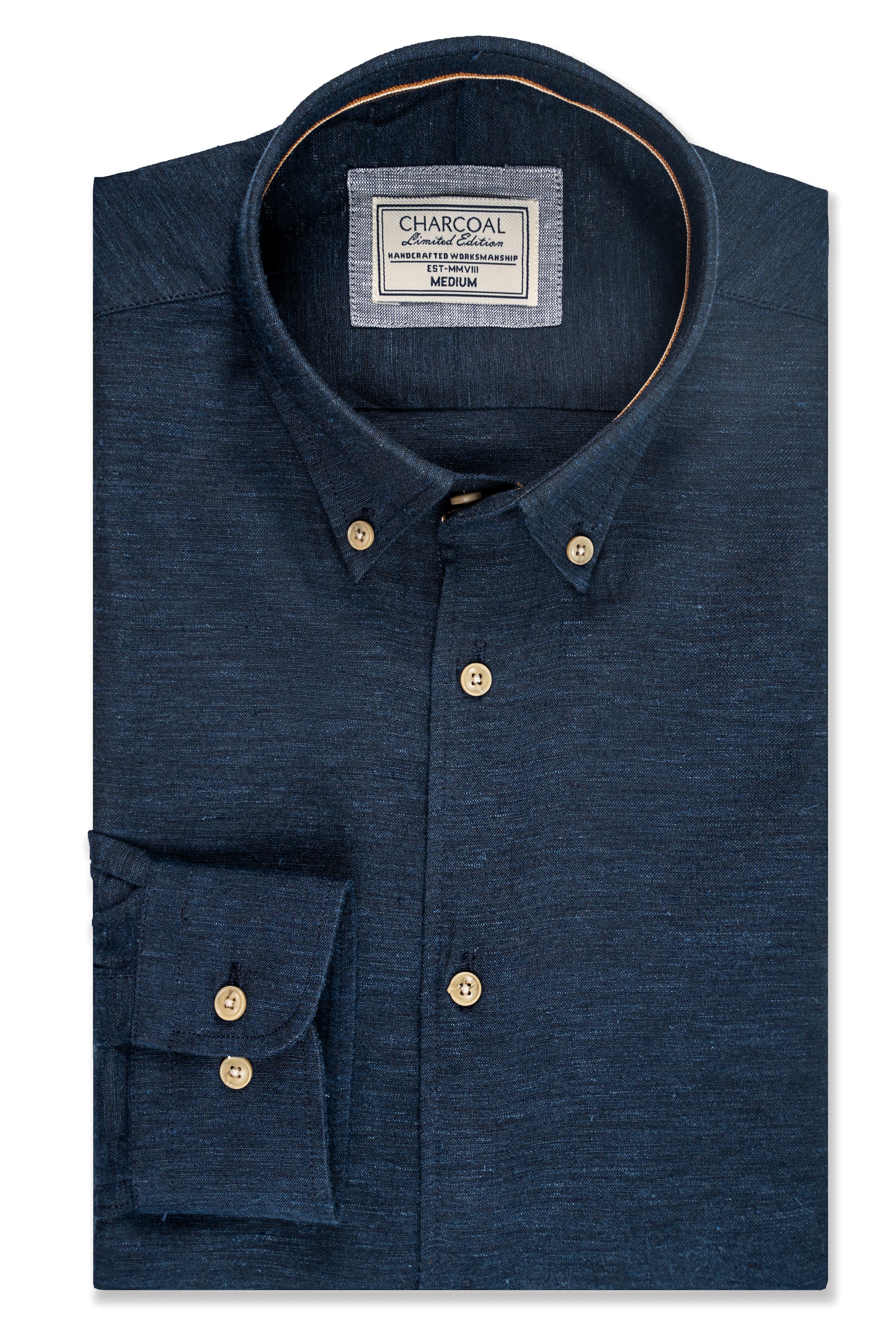 Navy linen fabric shirt with button placket, two-button collar, and chest pocket