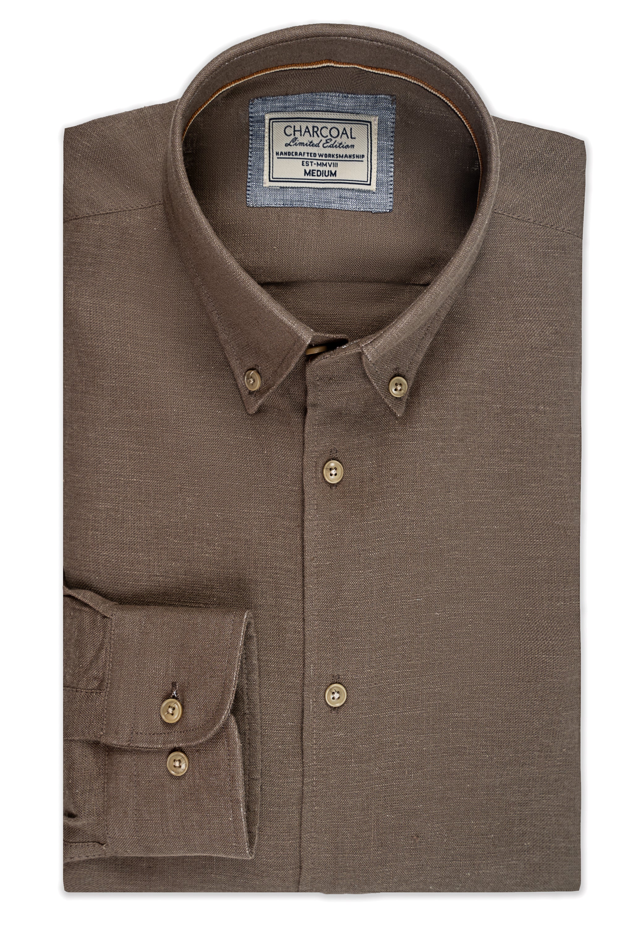 Brown linen button-up shirt with pointed collar, two-button placket, chest pocket