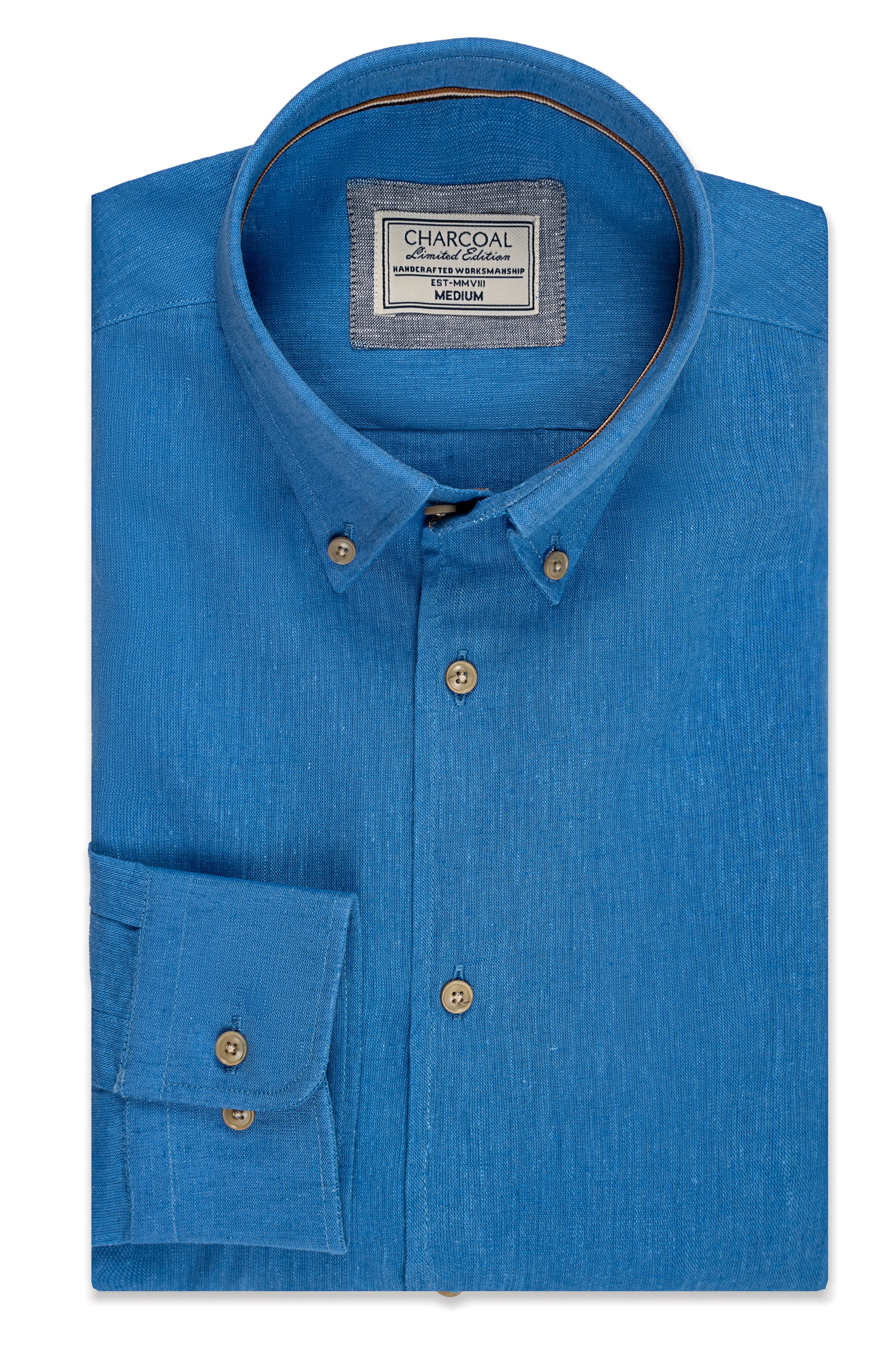 Blue linen fabric shirt with button front and chest pocket