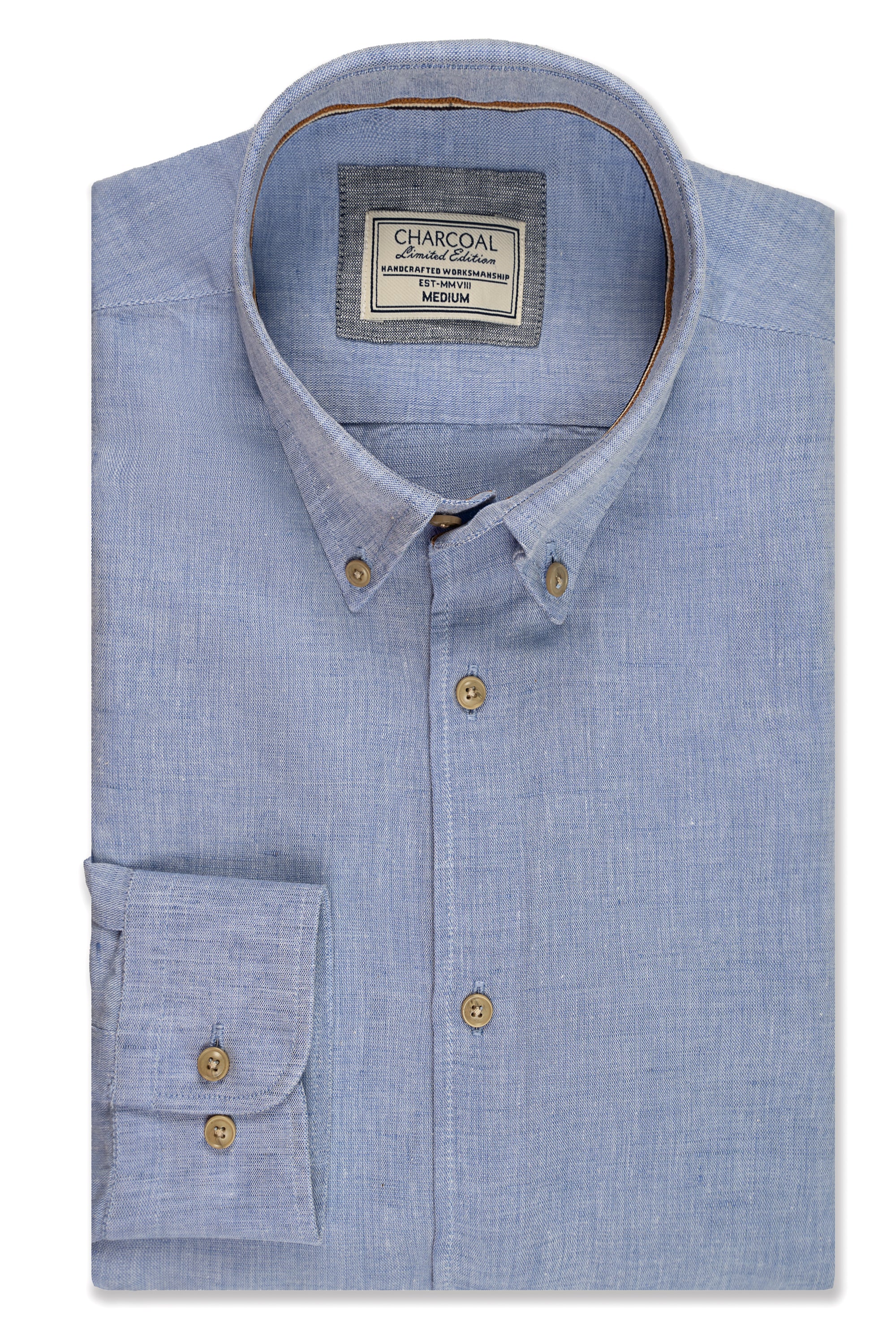 Sky blue linen button-up shirt with pointed collar and chest pocket