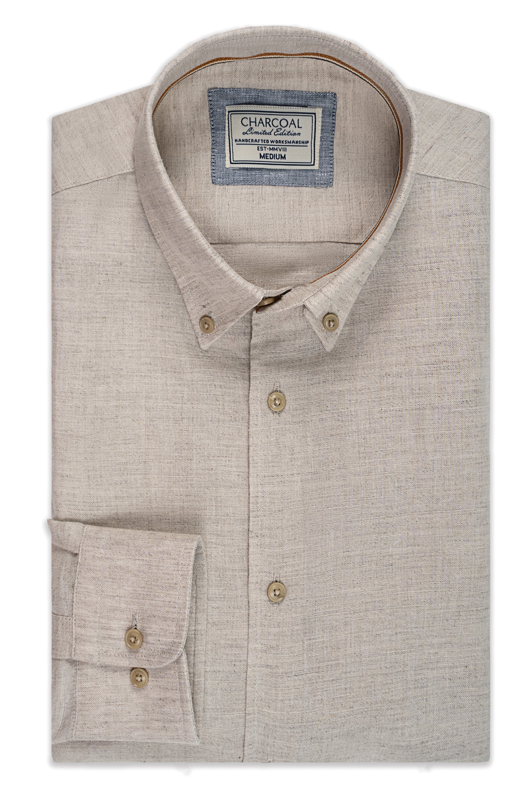 Khaki linen button-up shirt with fold-over collar and chest pocket, gold buttons