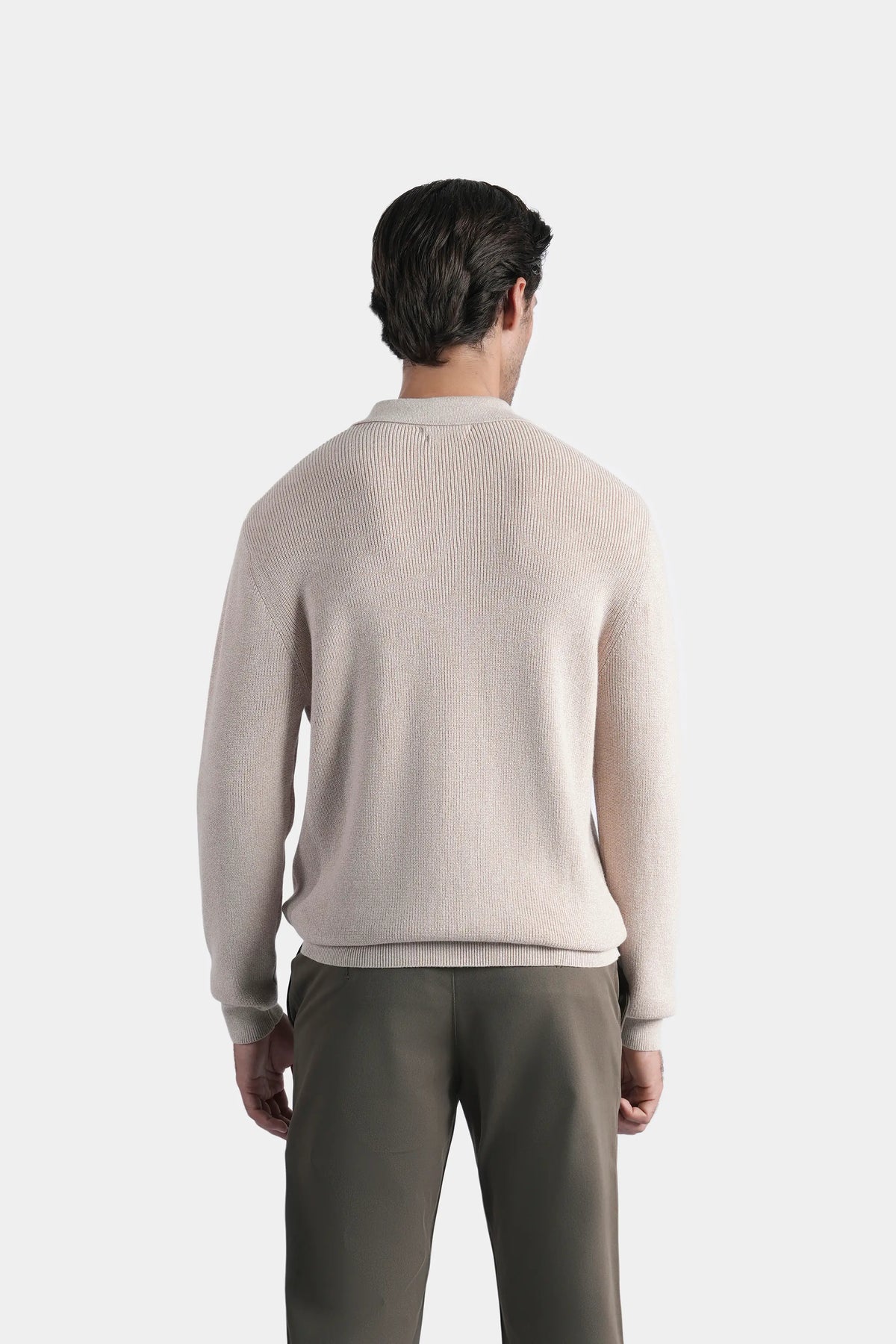 Beige knitted long-sleeve cardigan, full back view