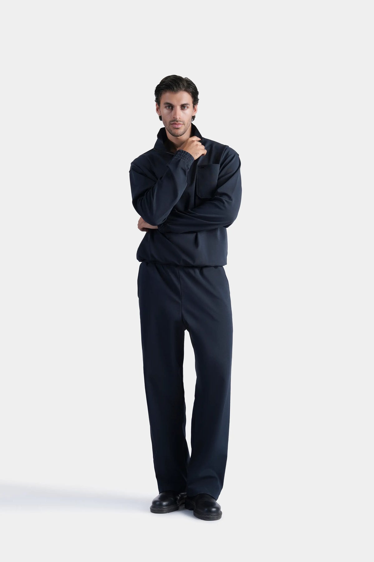 Navy quarter-zip mock neck scuba sweatshirt pullover, front view