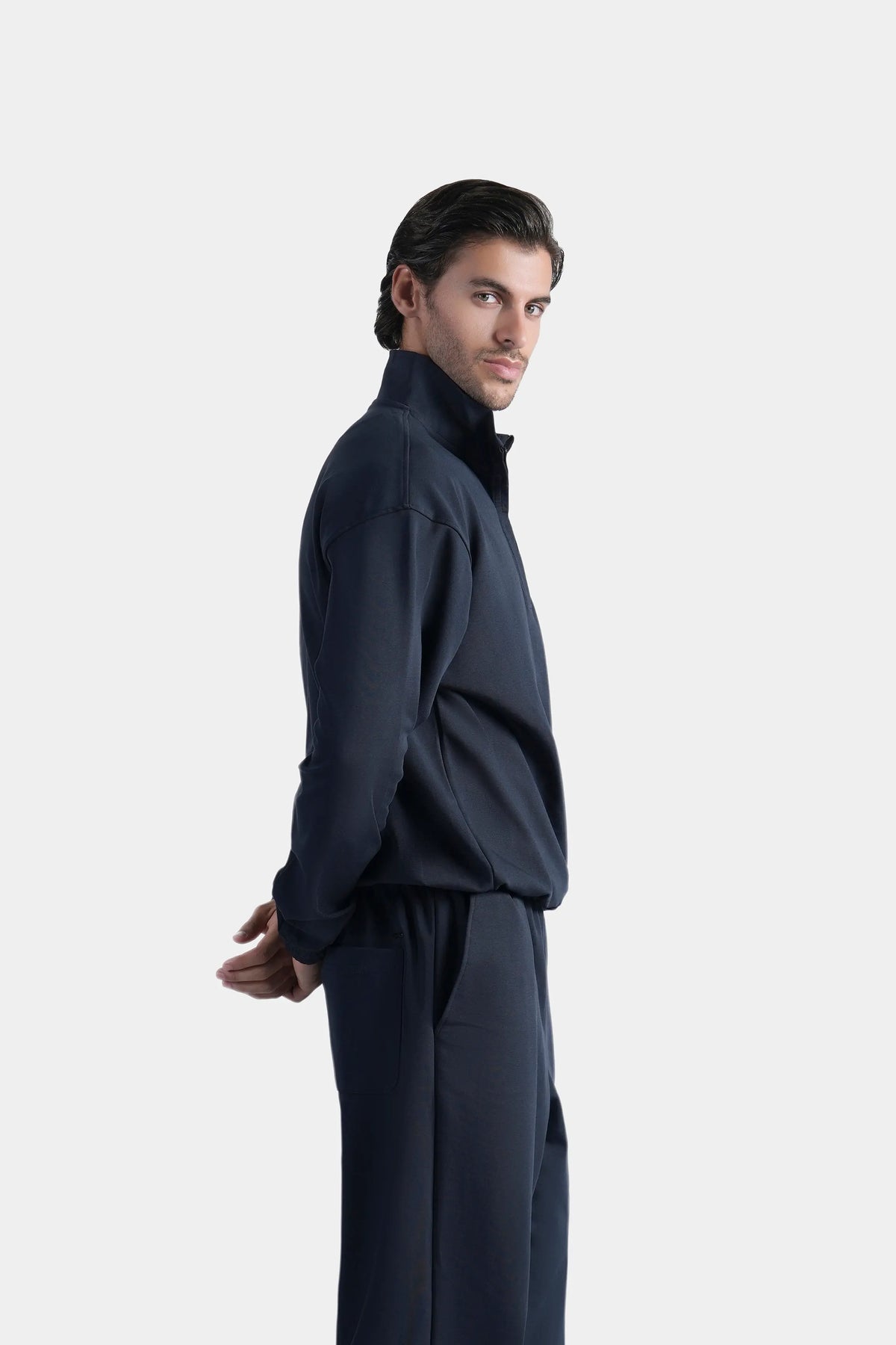 Navy quarter-zip mock neck sweatshirt pullover, side view