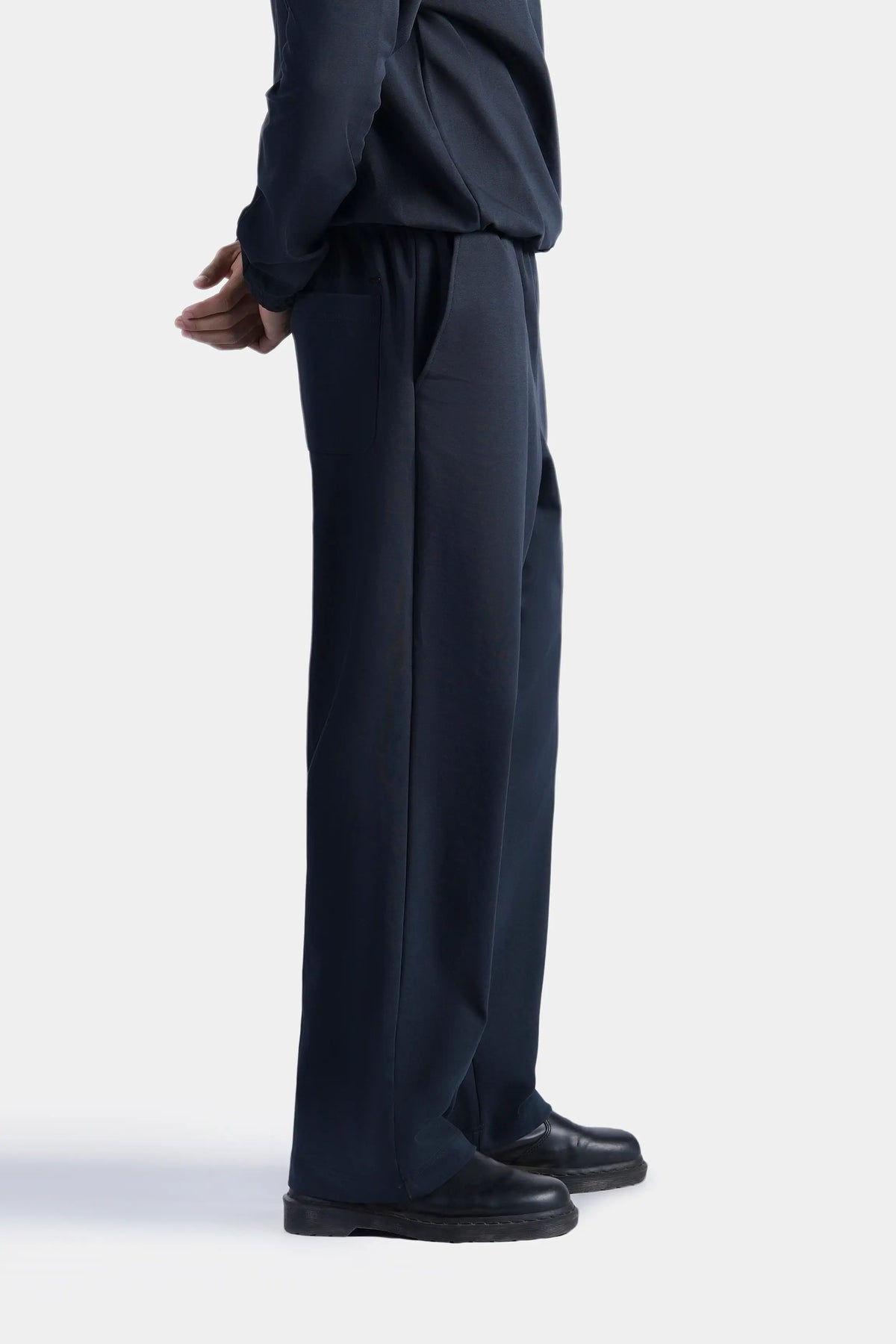 Navy relaxed scuba trousers, straight leg with roomy fit and side pockets.