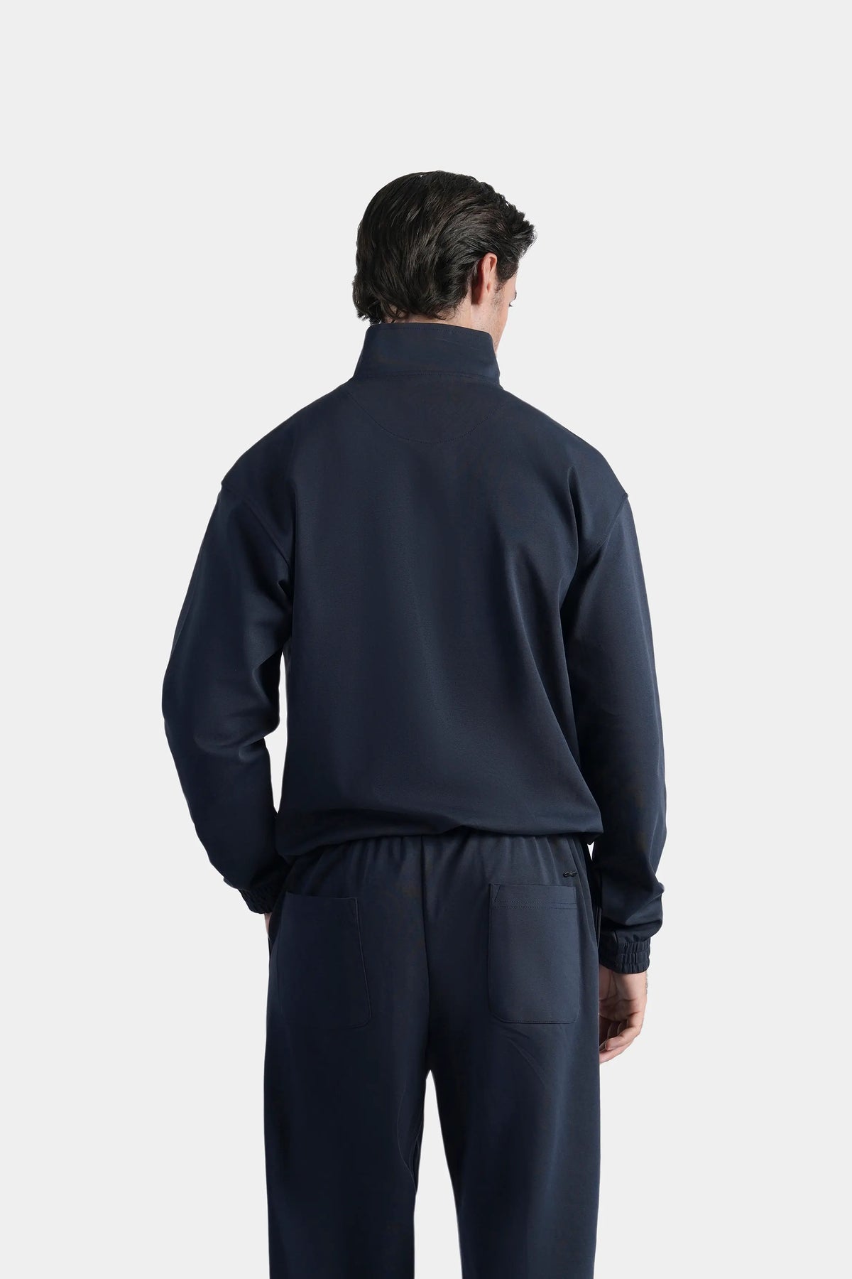 Navy quarter-zip mock neck sweatshirt pullover, back view