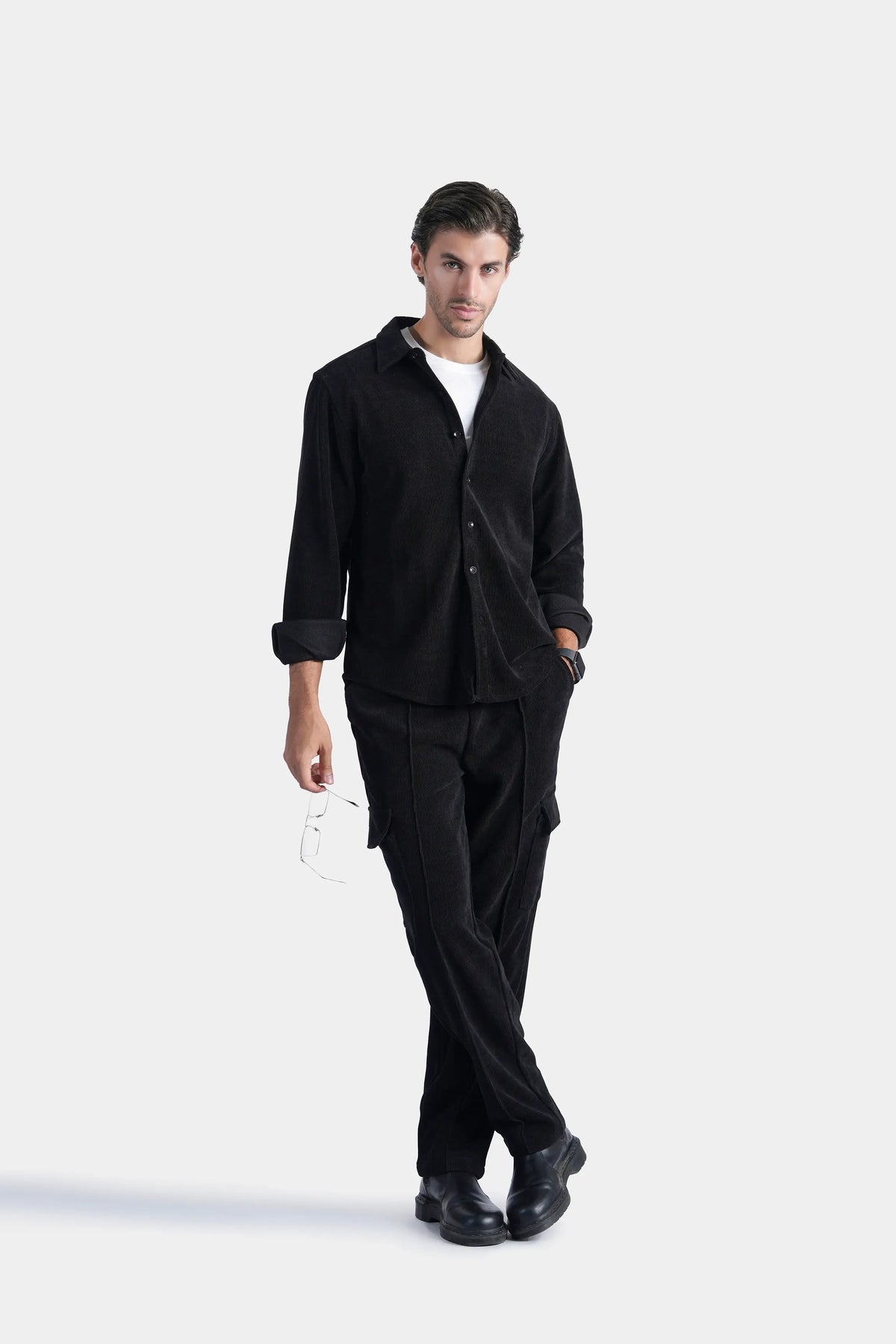 Black regular-collar button-up casual shirt, long sleeves