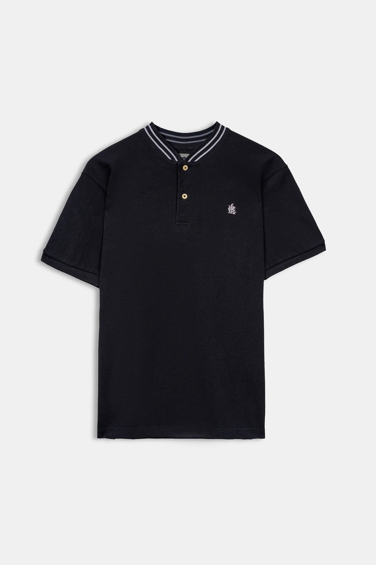 Black short-sleeve henley shirt, striped neckline and two-button placket