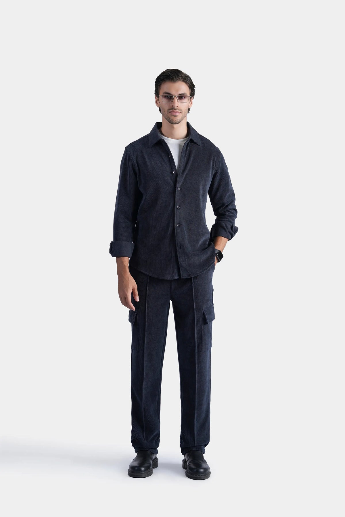 Navy casual button-up shirt with regular collar and long sleeves
