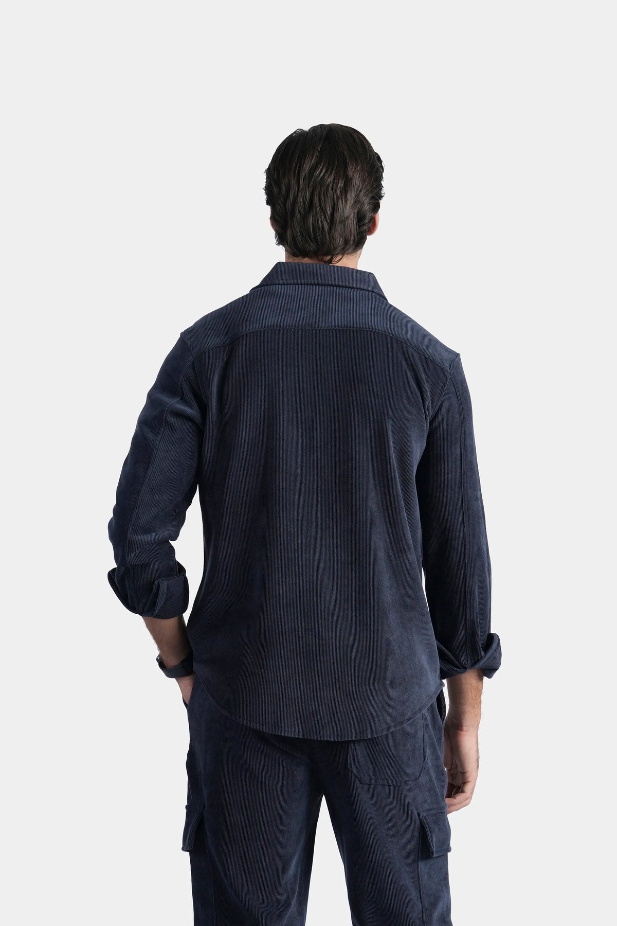 Navy casual shirt with regular collar, back view with long sleeves