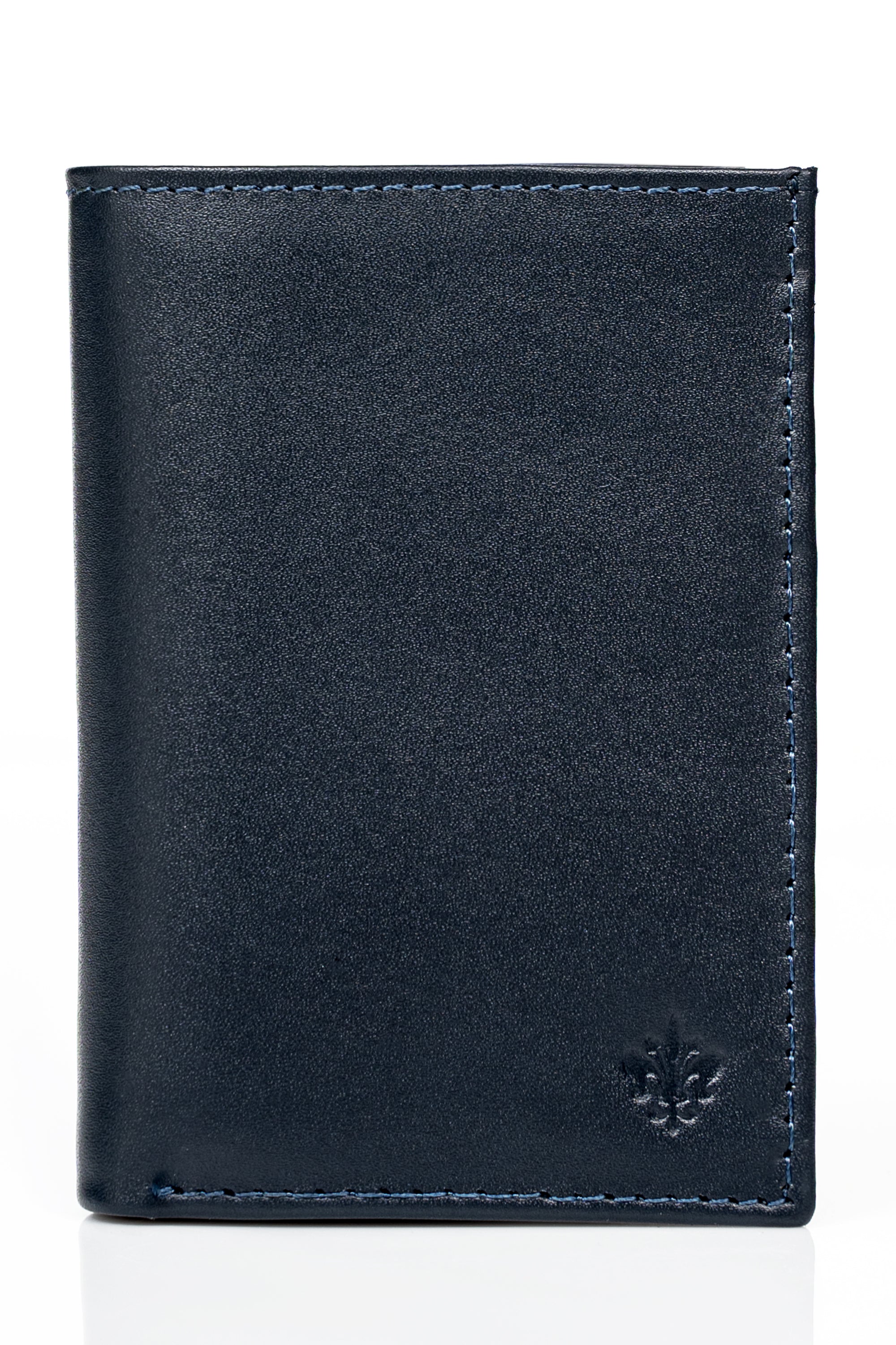 Blue leather wallet with stitched edges and small embossed emblem