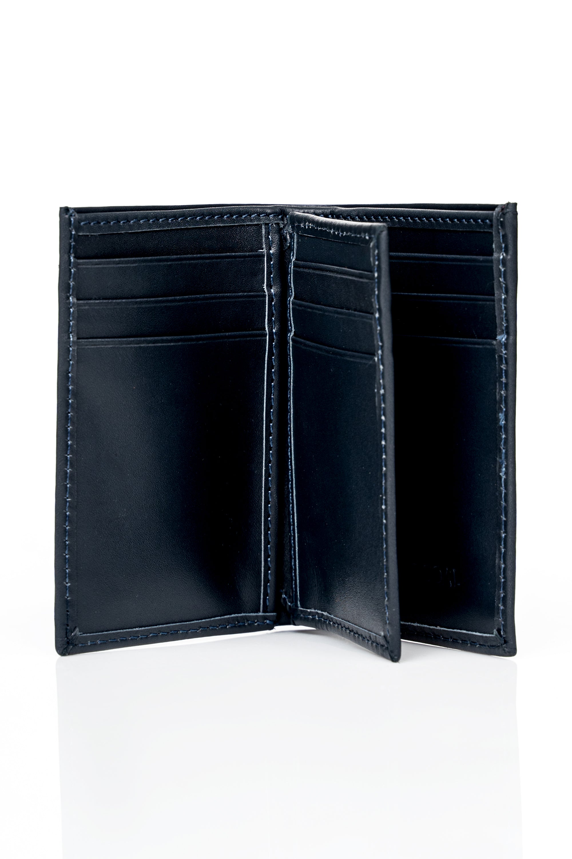 Blue wallet open view with multiple card slots and ID window