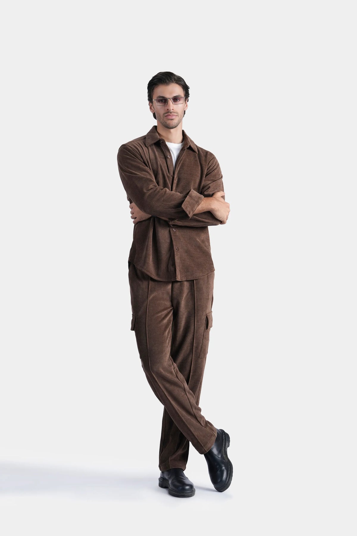 Brown button-up casual shirt with regular collar and long sleeves