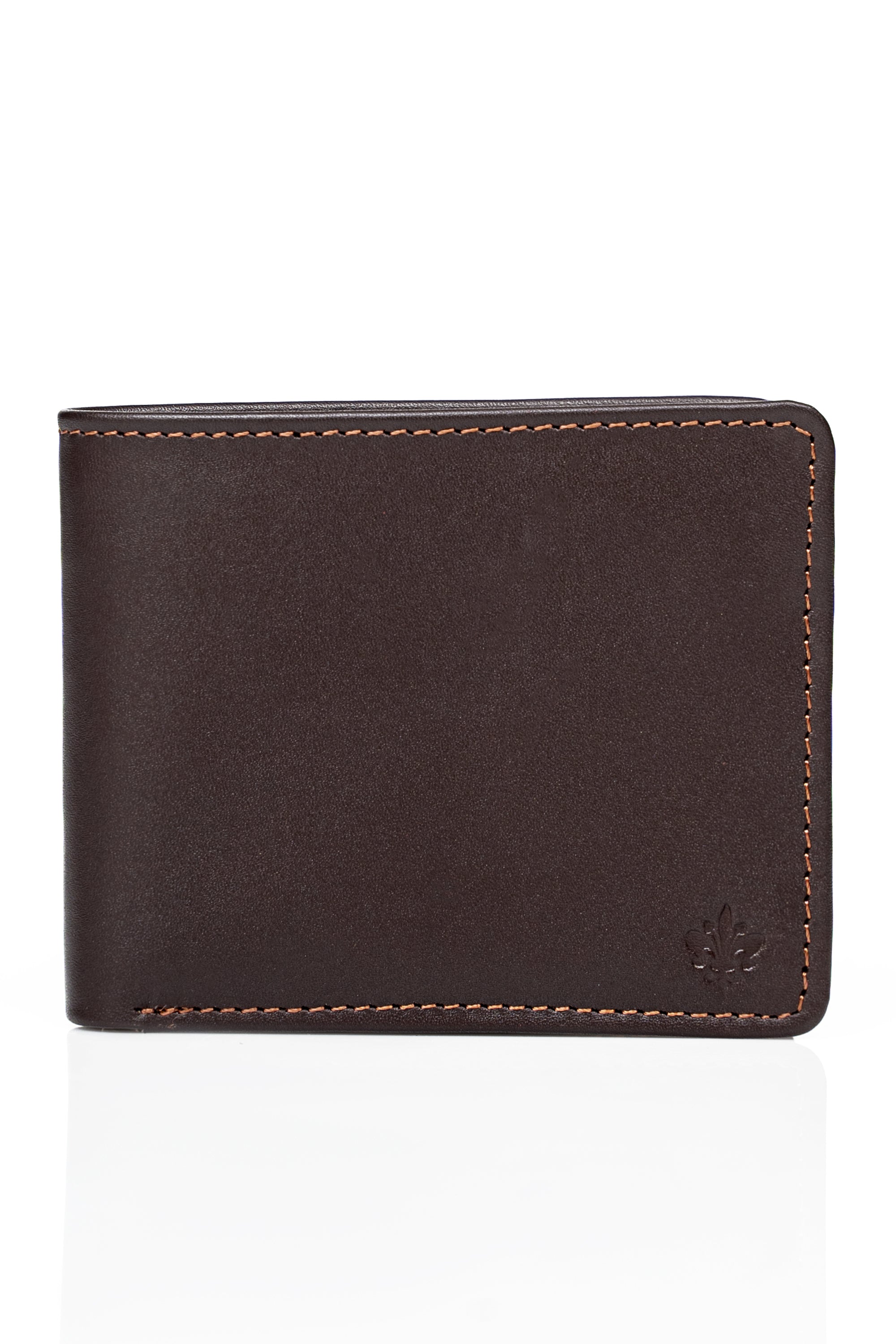 Brown leather wallet with stitched edge and embossed logo on front