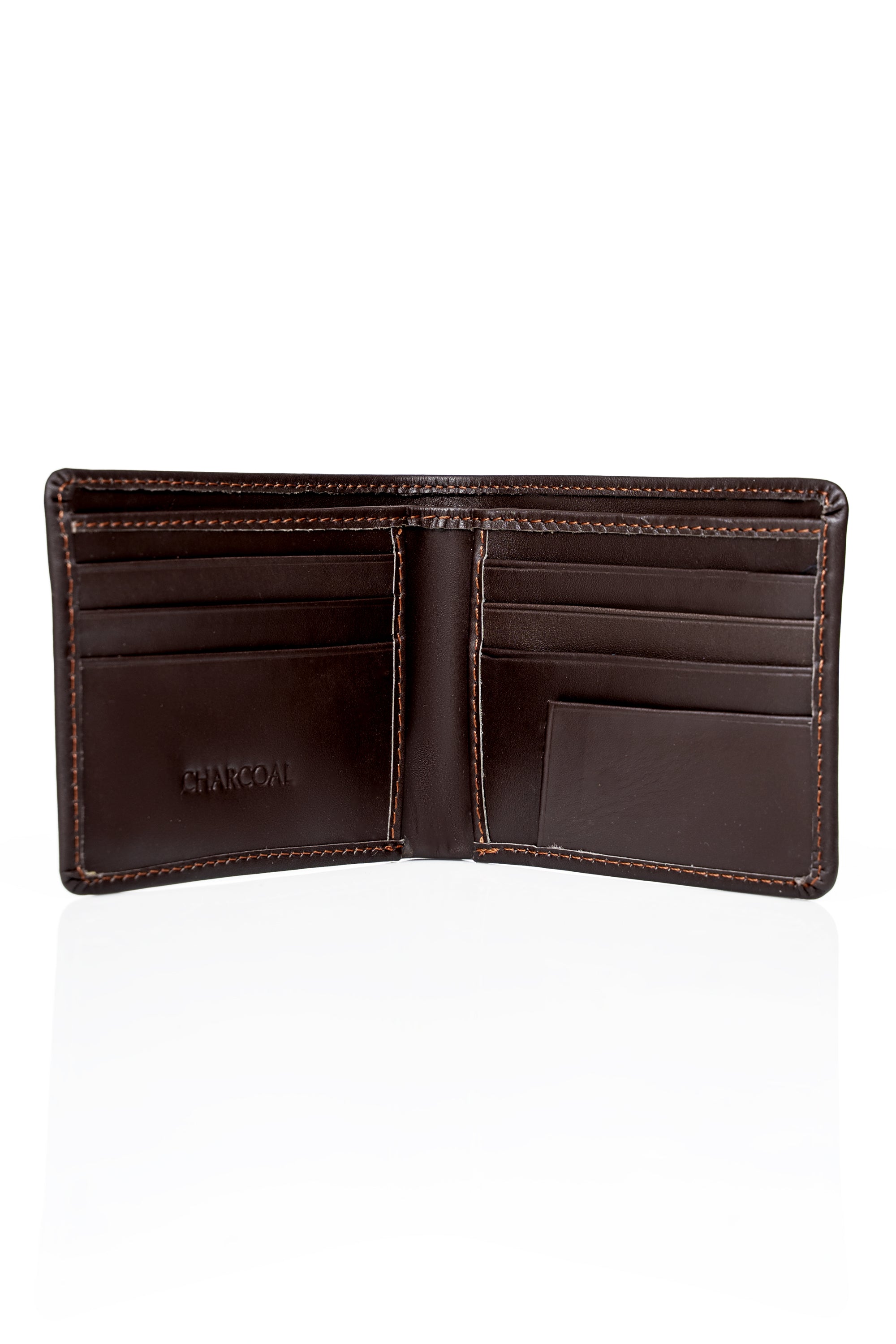 Brown leather wallet open, showing card slots and bill pocket inside