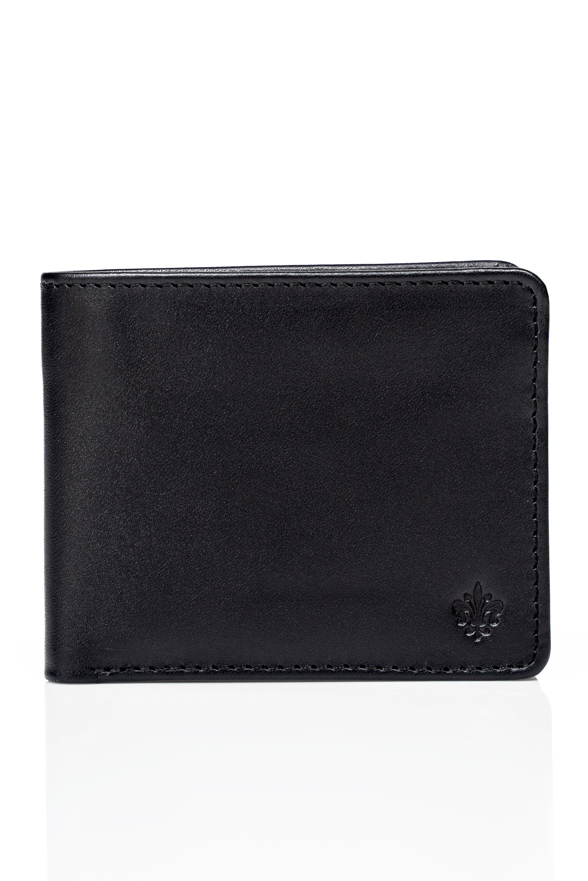 Black bifold wallet with embossed clover logo and stitched edges.