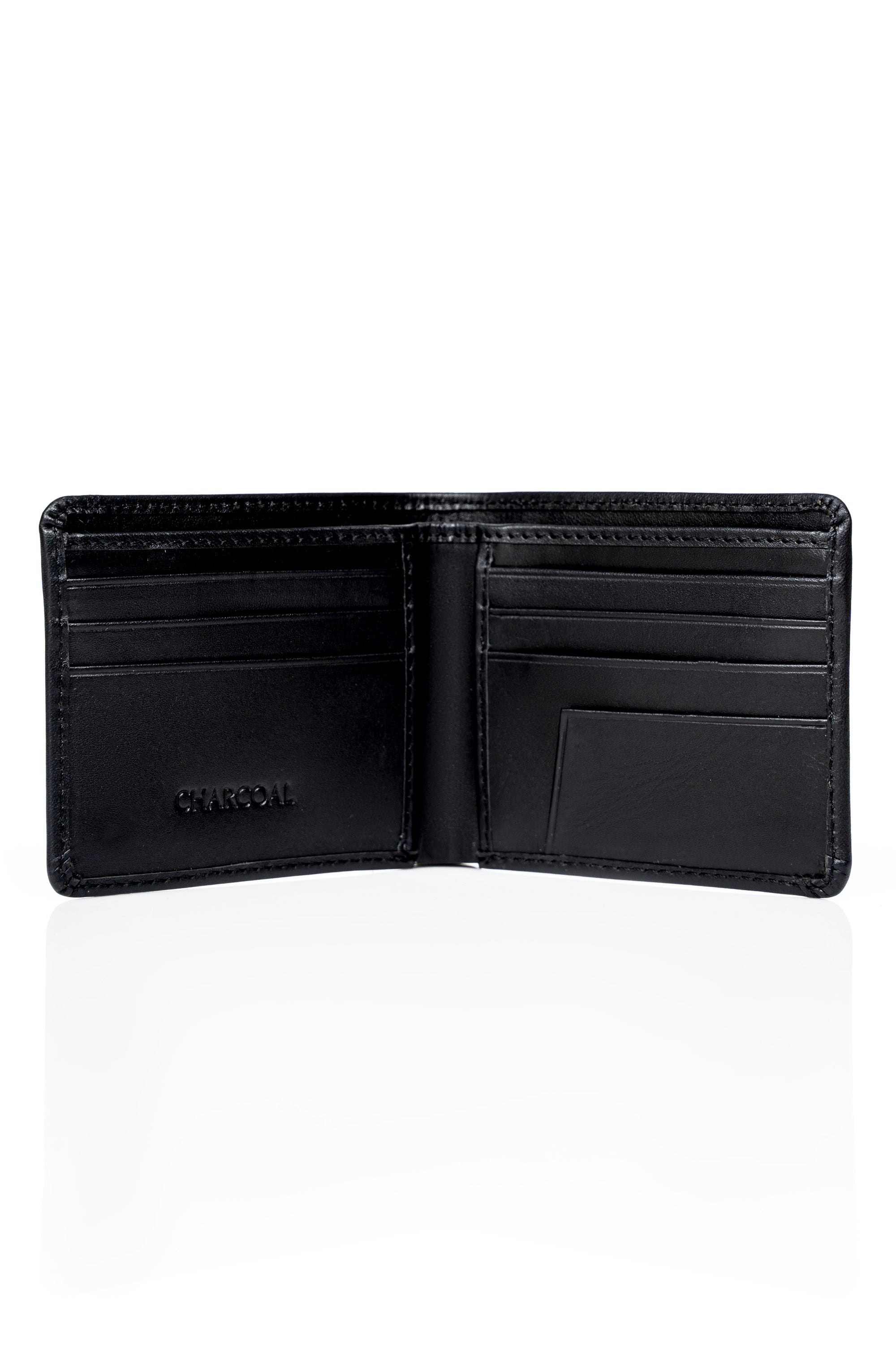 Black bifold wallet open to card slots and inner pockets.