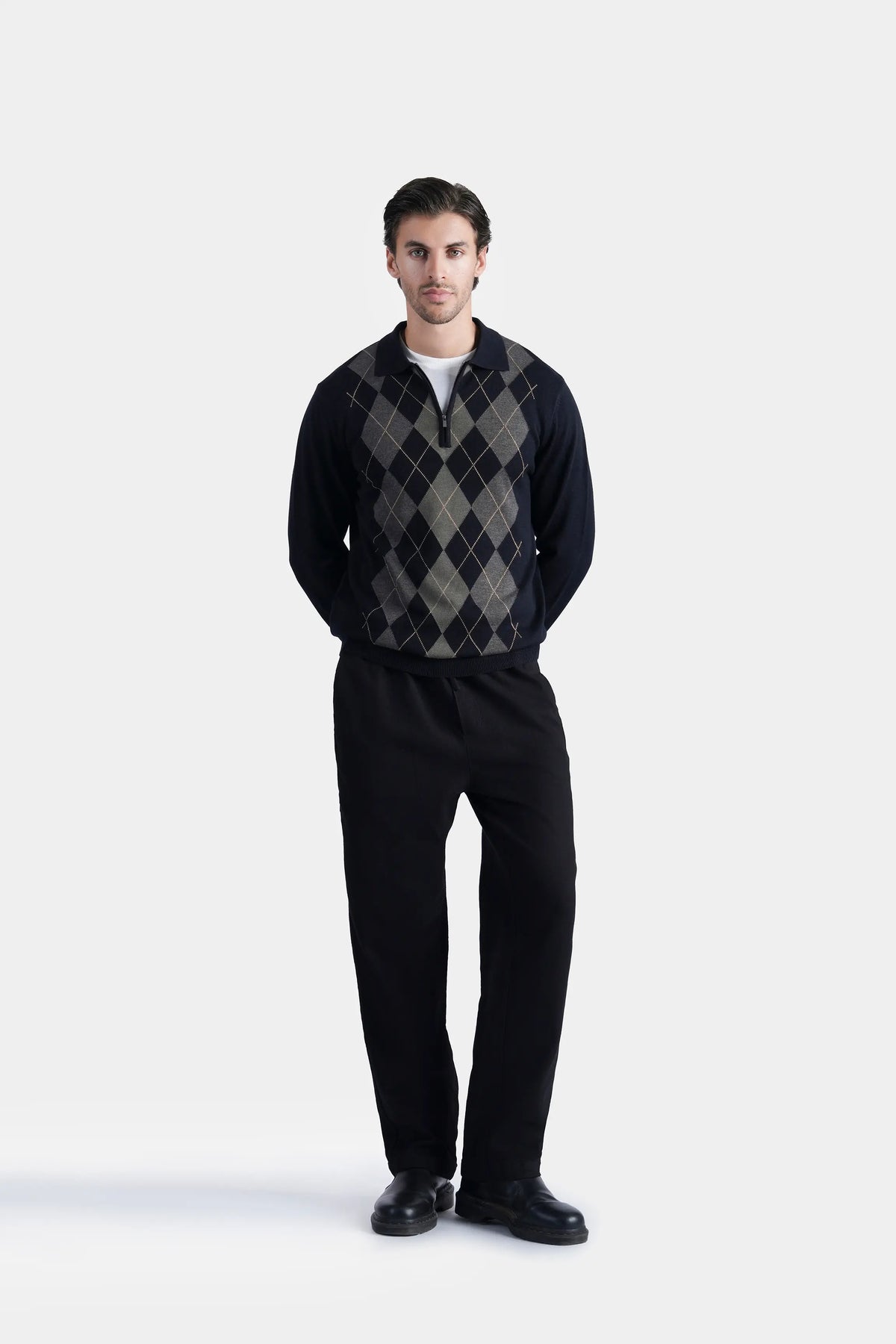 Men's black crew-neck knitted sweater with gray diamond argyle pattern