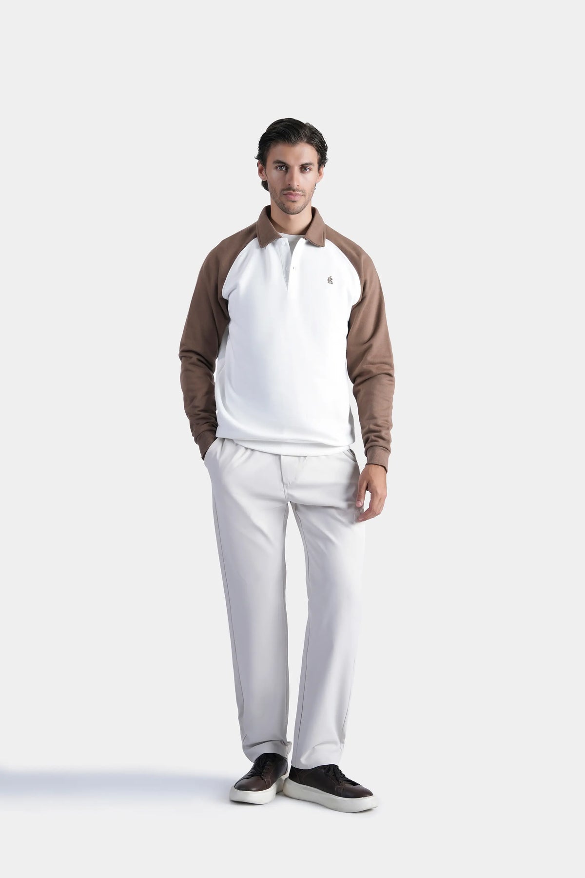 Men's raglan polo sweatshirt with brown sleeves and white contrast body