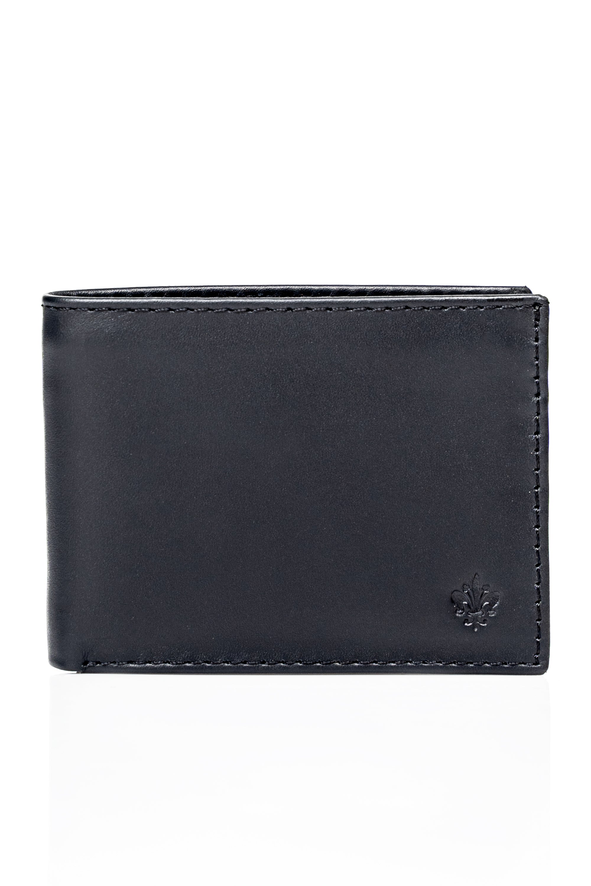 Black leather bi-fold wallet with embossed emblem on front