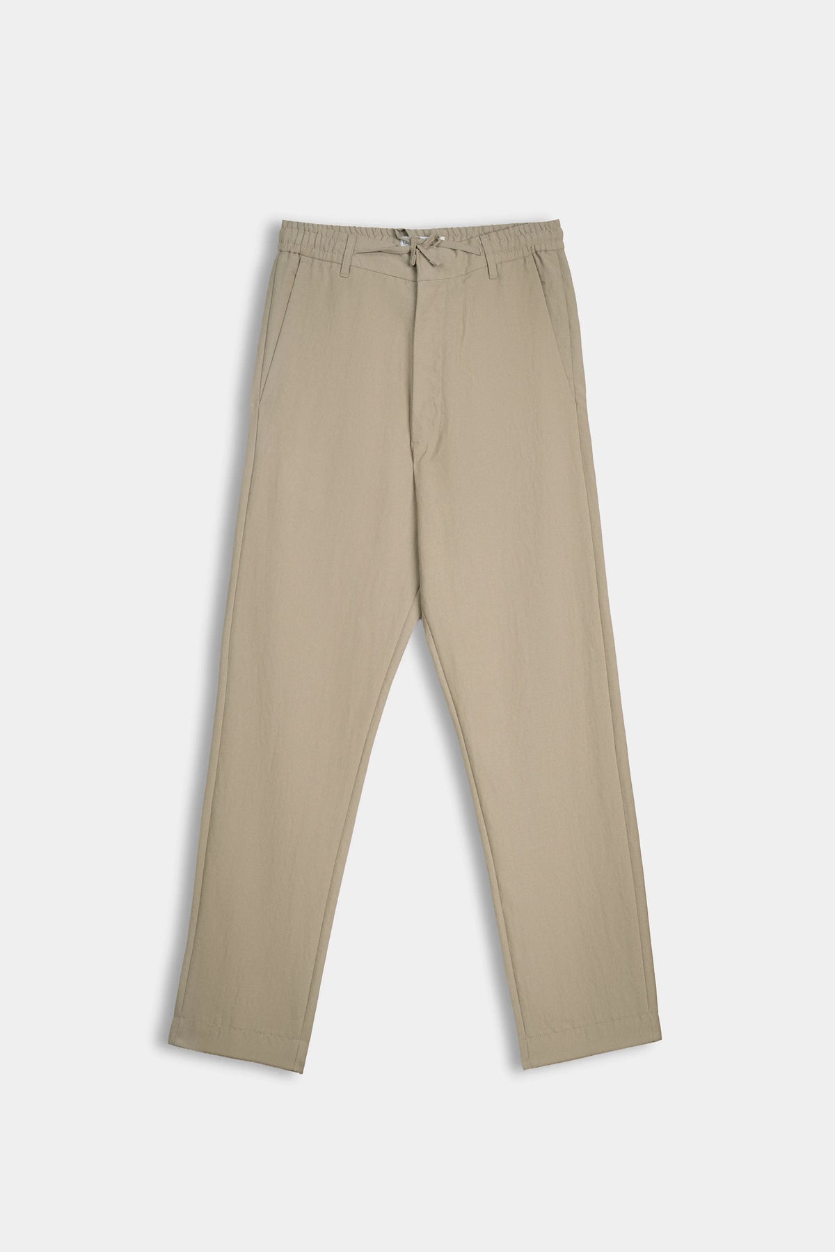Dark khaki straight-leg pants with drawstring waist and belt loops