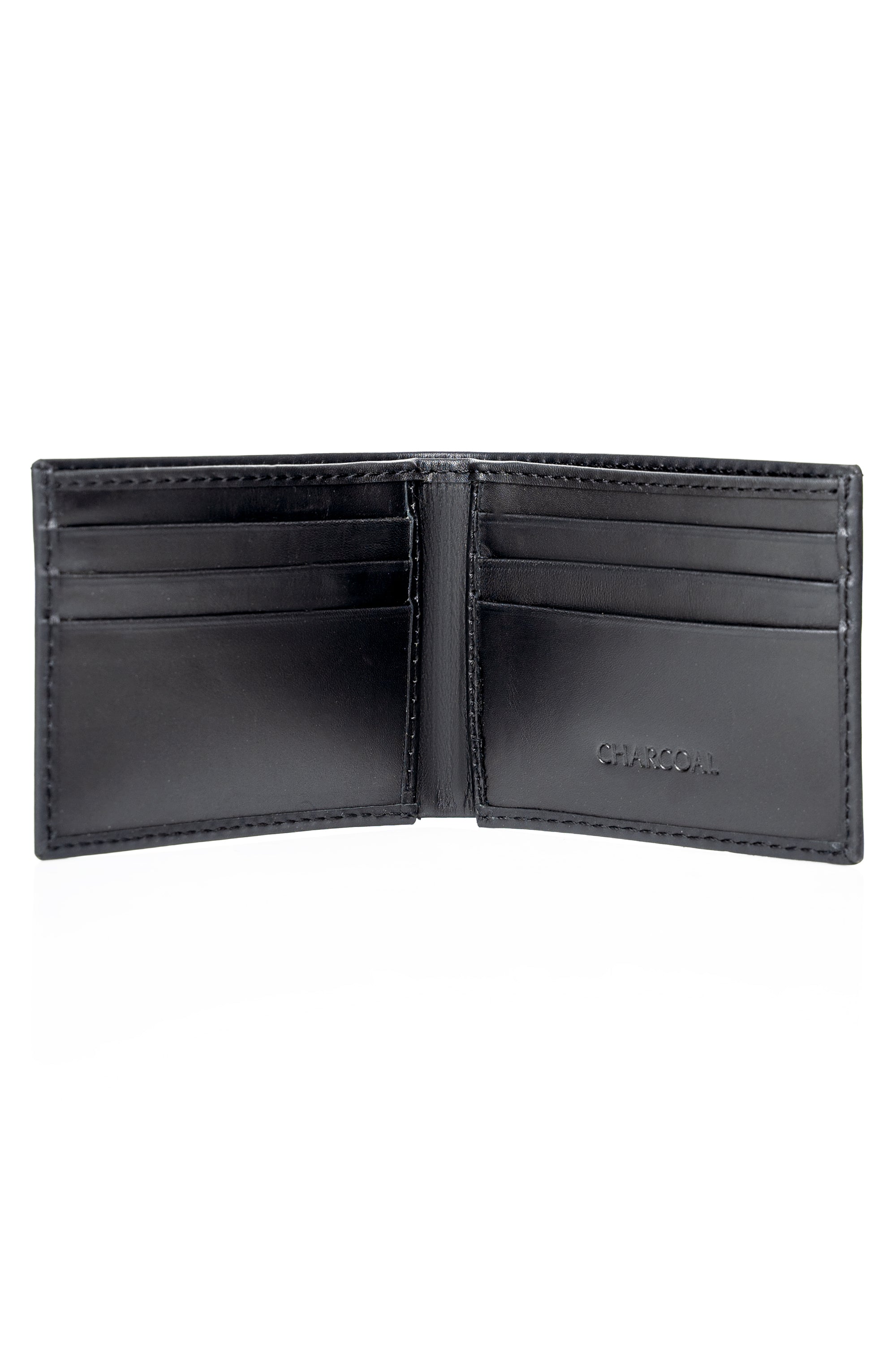 Black leather bifold wallet with inner card slots, open view