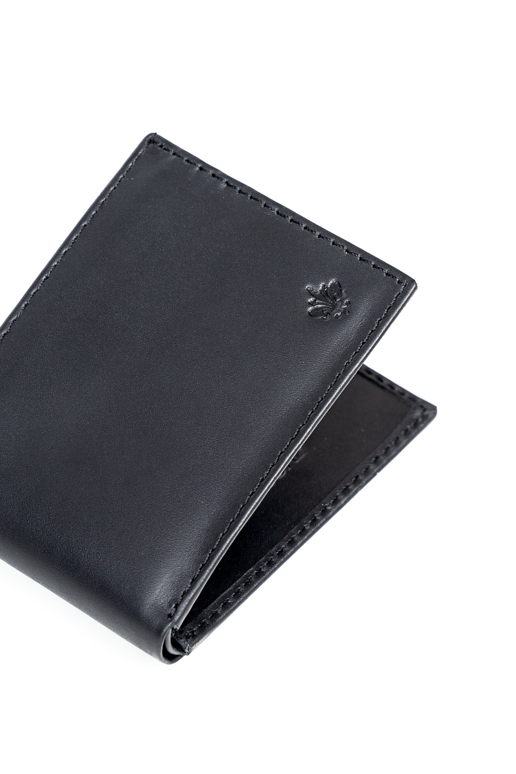 Black leather wallet, embossed logo on front, angled view