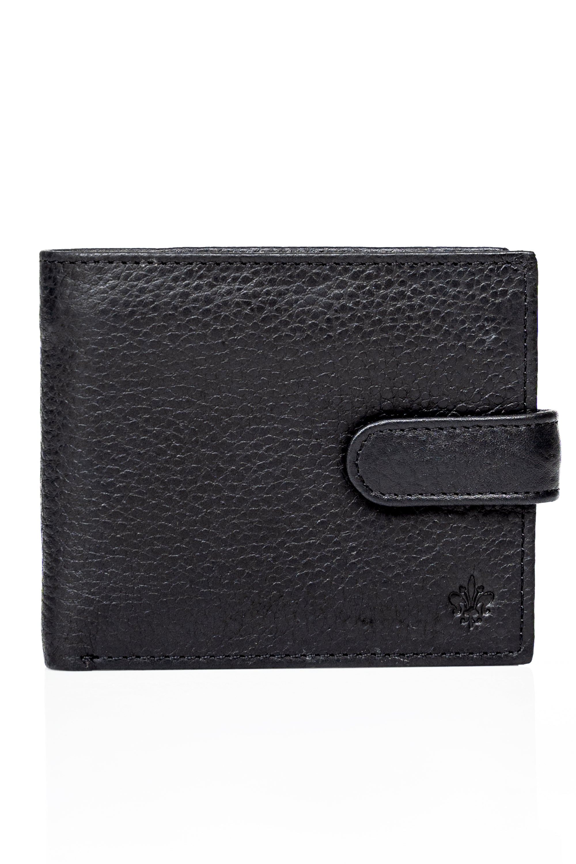 Black leather wallet with front tab closure and embossed logo