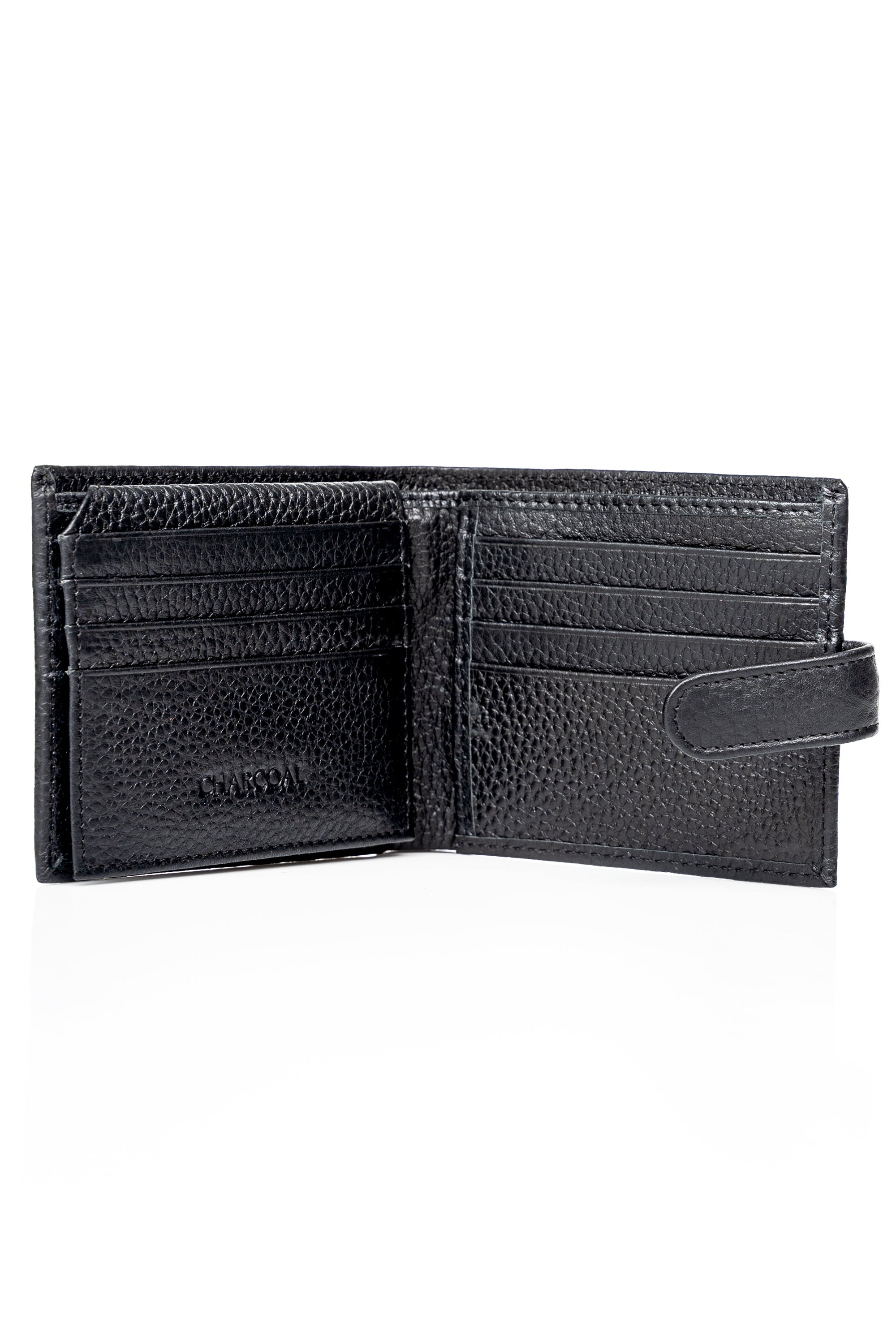 Black leather wallet open with multiple card slots and center divider