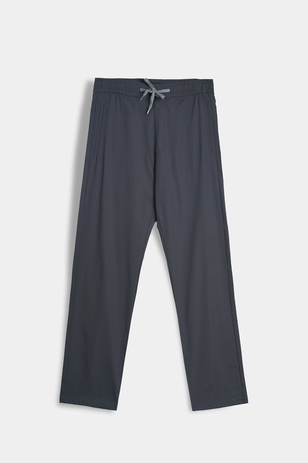 Dark grey casual trousers with elastic waistband and adjustable drawstring tie