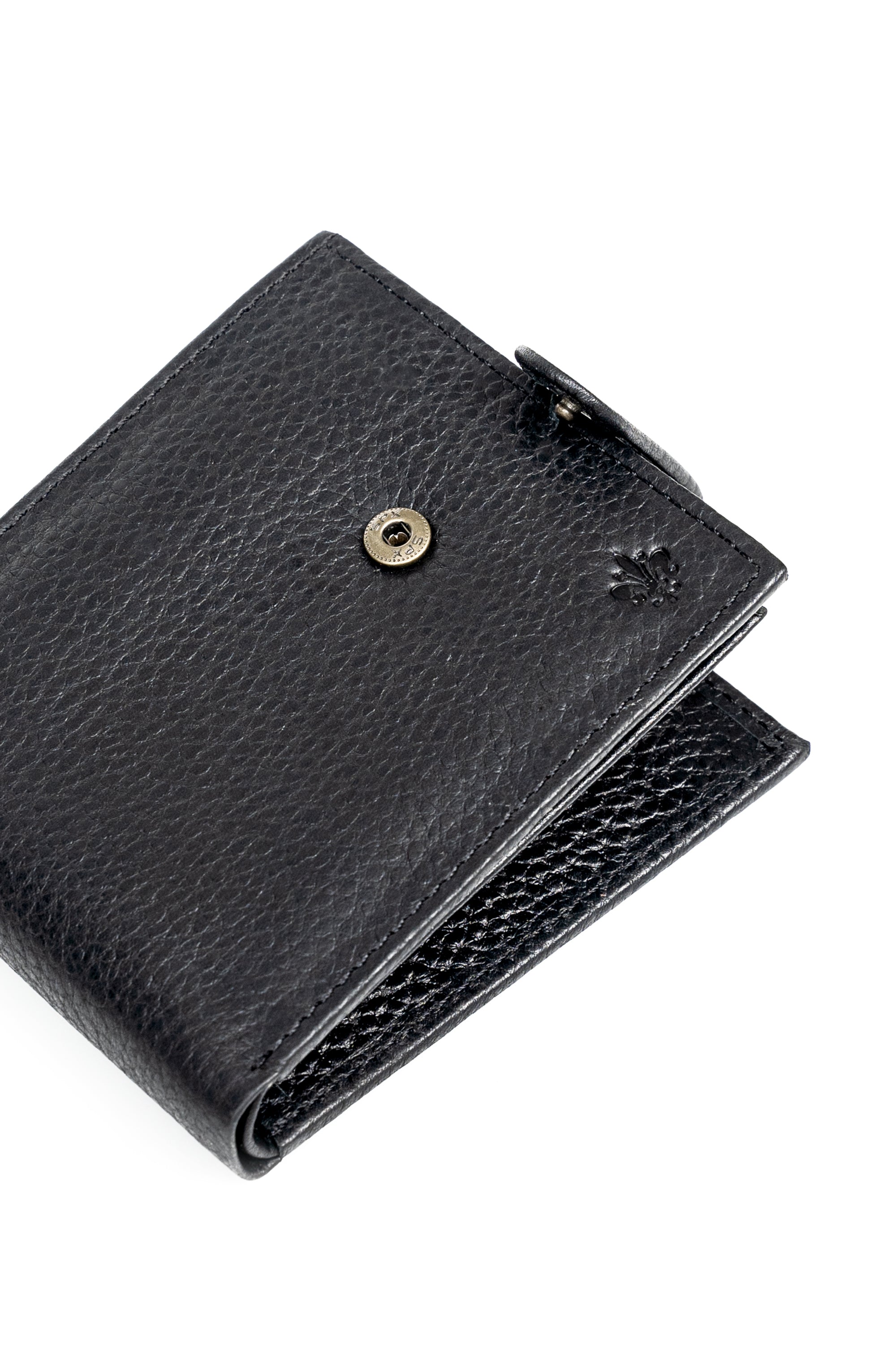 Black leather wallet with snap clasp and textured grain finish