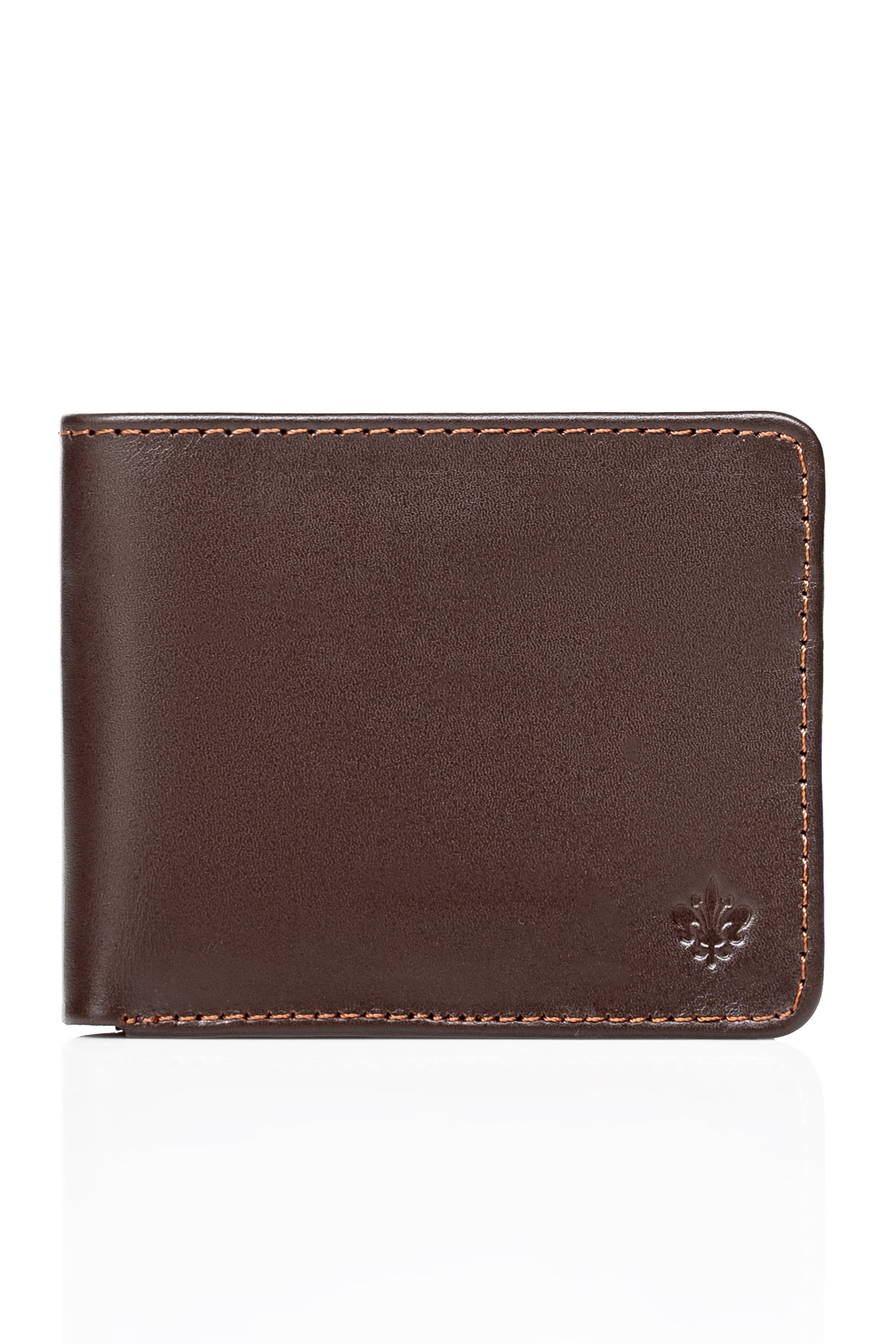 Brown leather wallet with stitched edges and small emblem