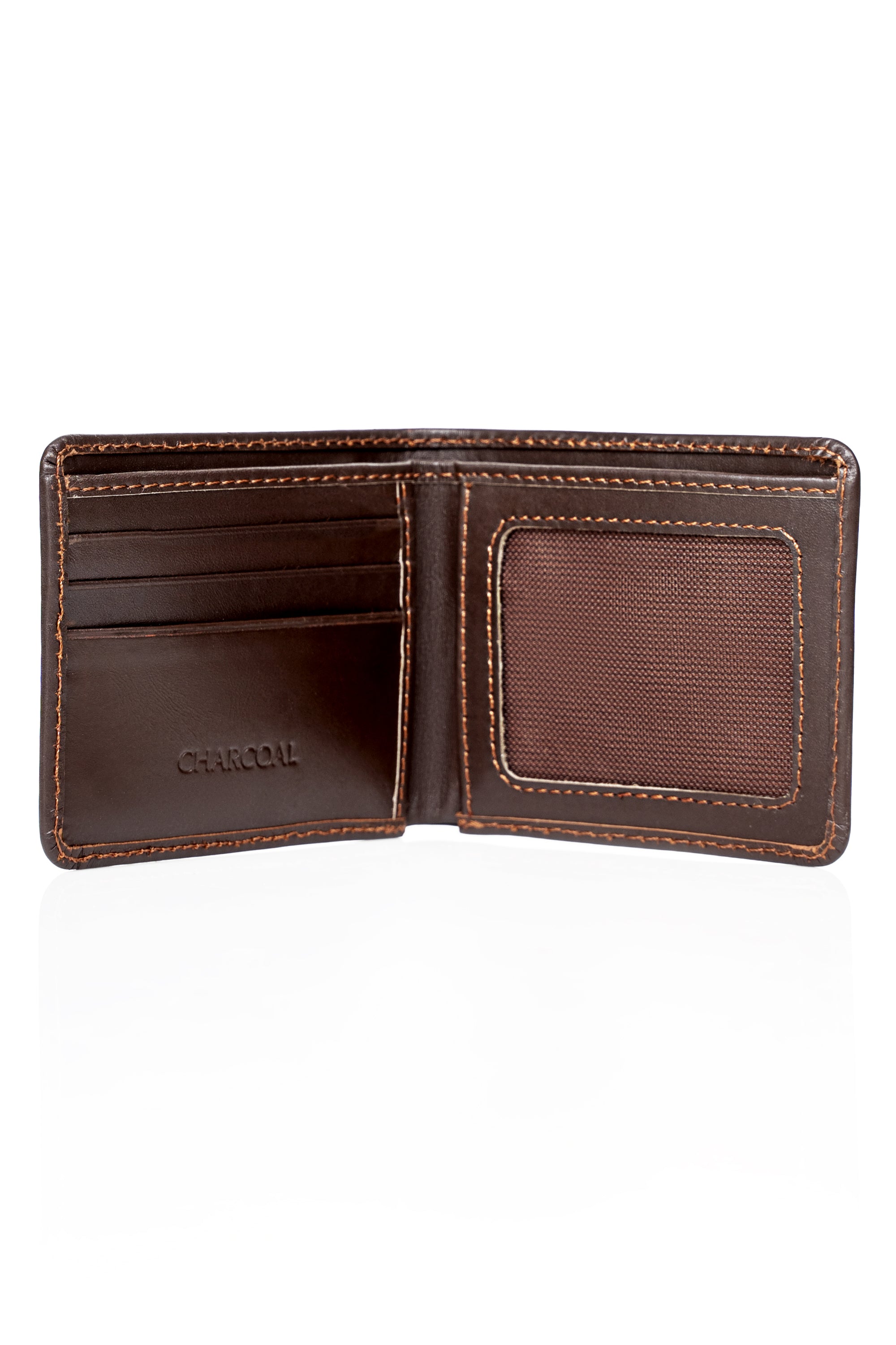 Brown leather wallet open to card slots and ID window