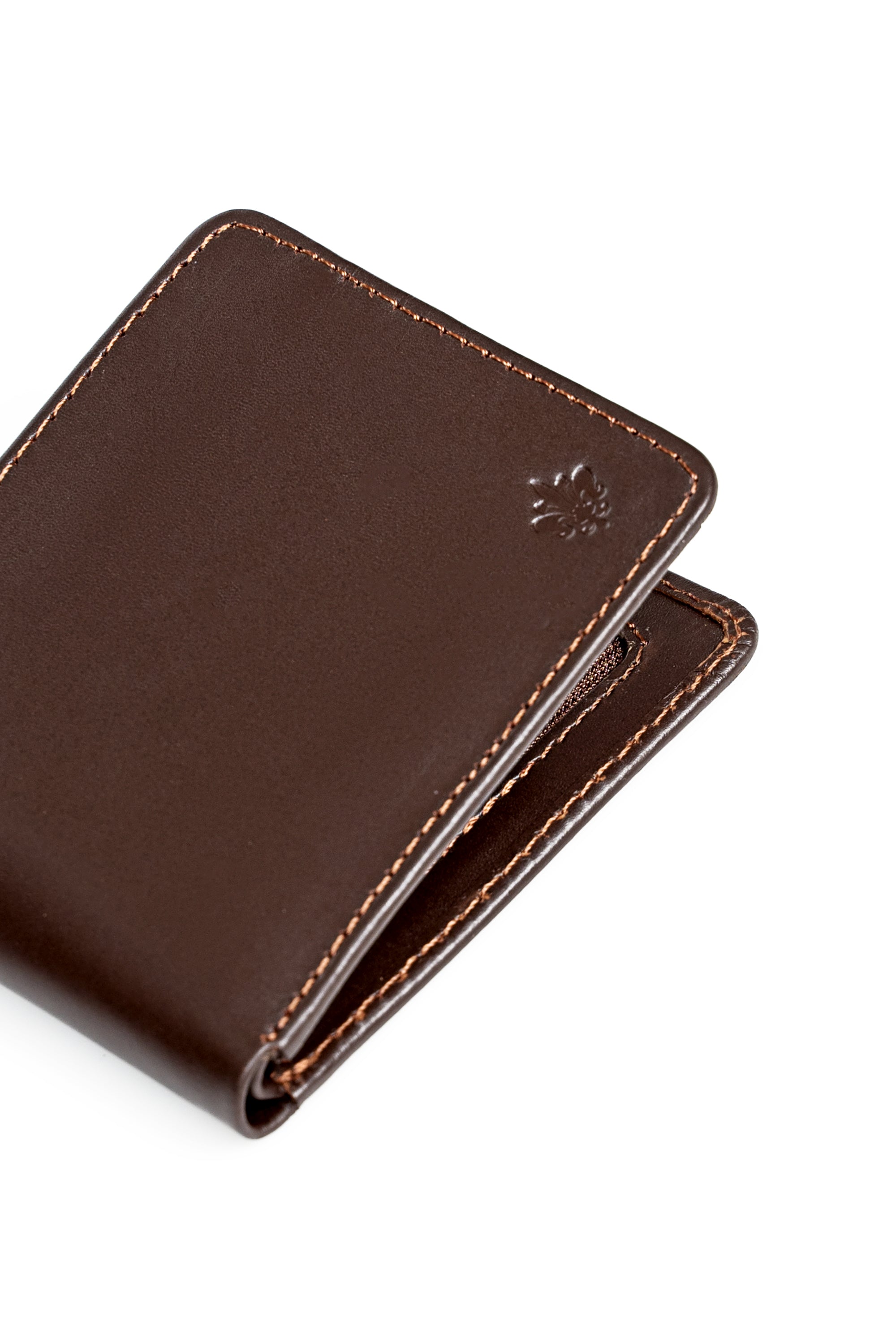 Brown leather wallet angled view with emblem and side clasp