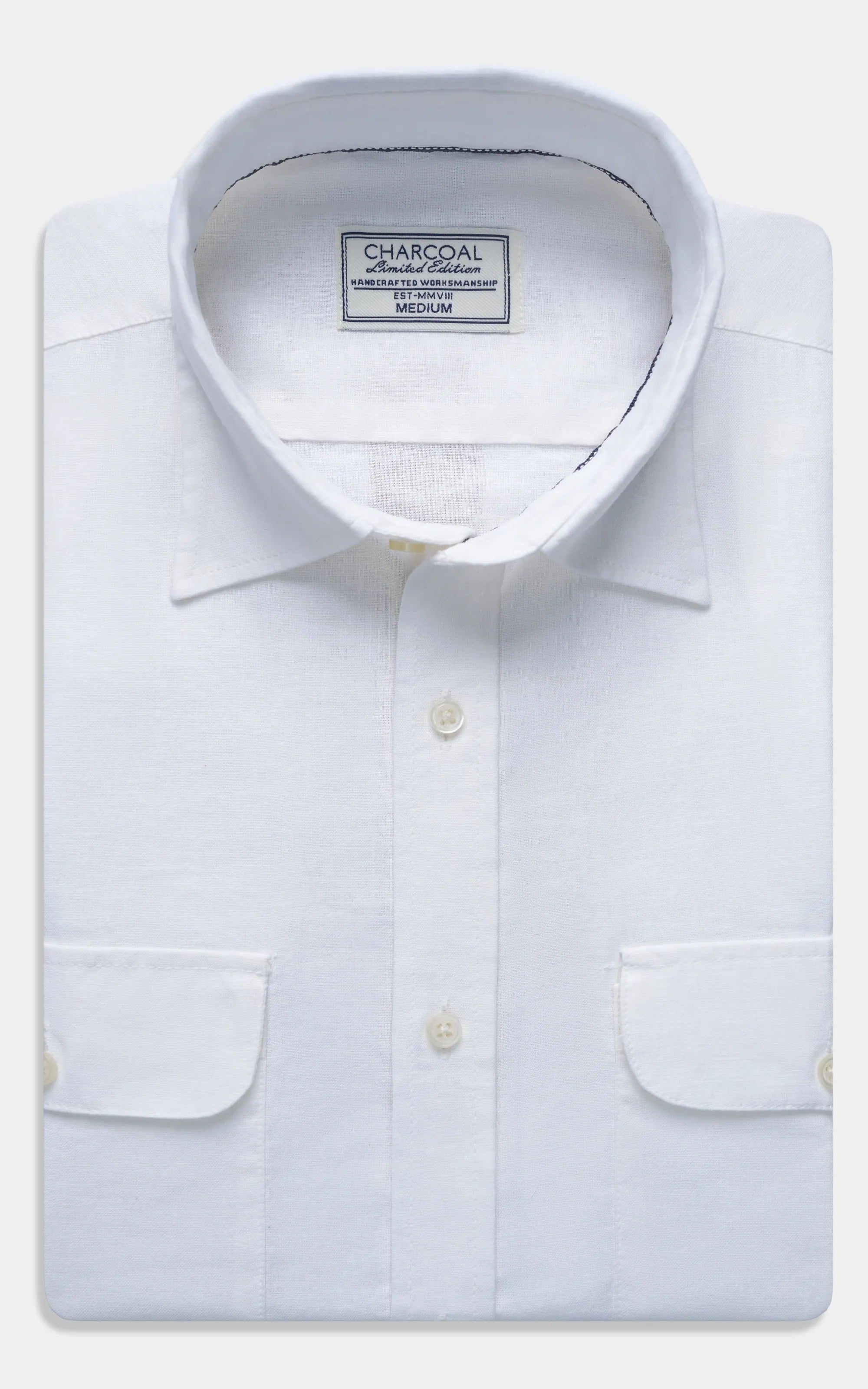 White linen classic-collar button-up shirt, gold buttons, two chest pockets