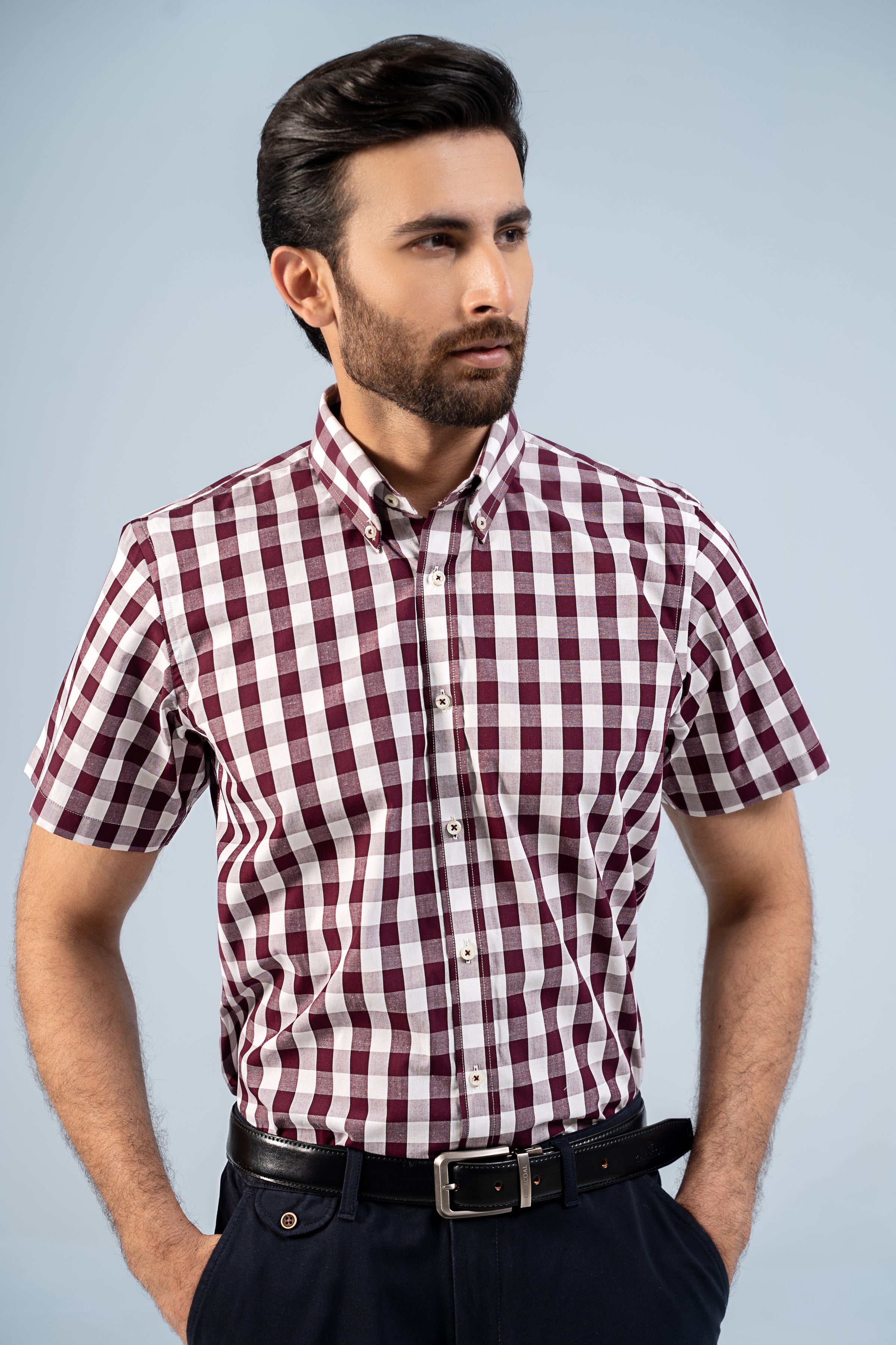 SEMI FORMAL HALF SLEEVE MAROON WHITE CHECK